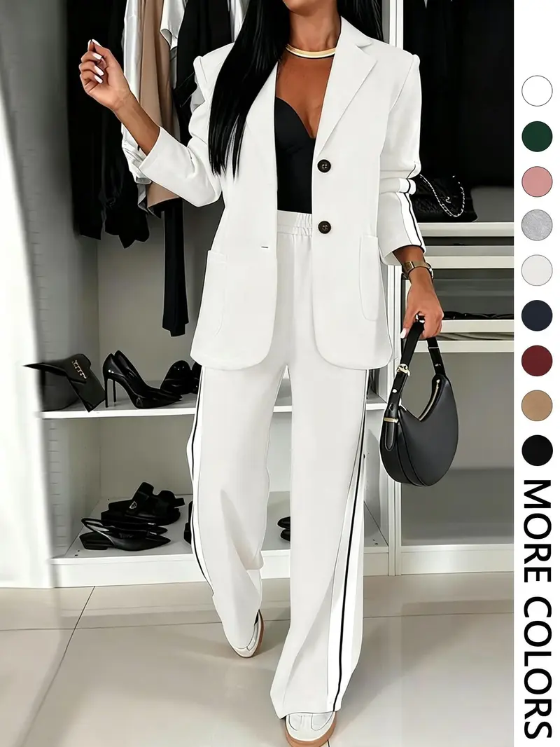 Women's Fall Winter Suit Set, Blazer + Wide Leg Striped Pants, Casual Daily Wear, Home & Outdoors Essential, Includes Pockets