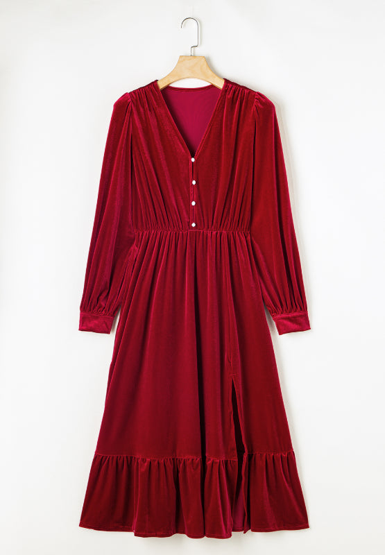 Ruffle Hem Slit V-Neck Long Sleeve Dress | 2 colors | Poundton-Tactilefable