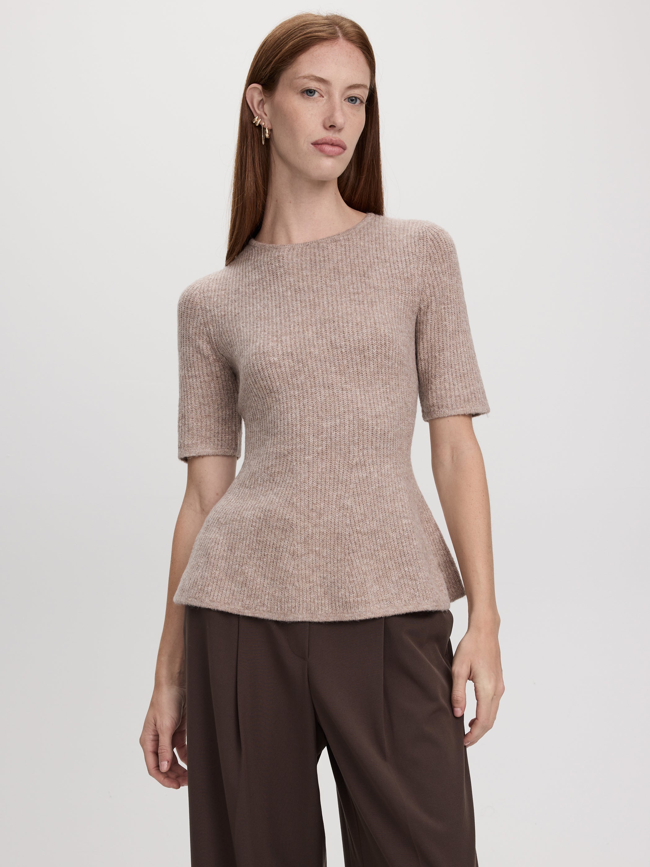 Elbow-Sleeve Crew-Neck Sweater with Half-Cardigan Stitches-Tactilefable