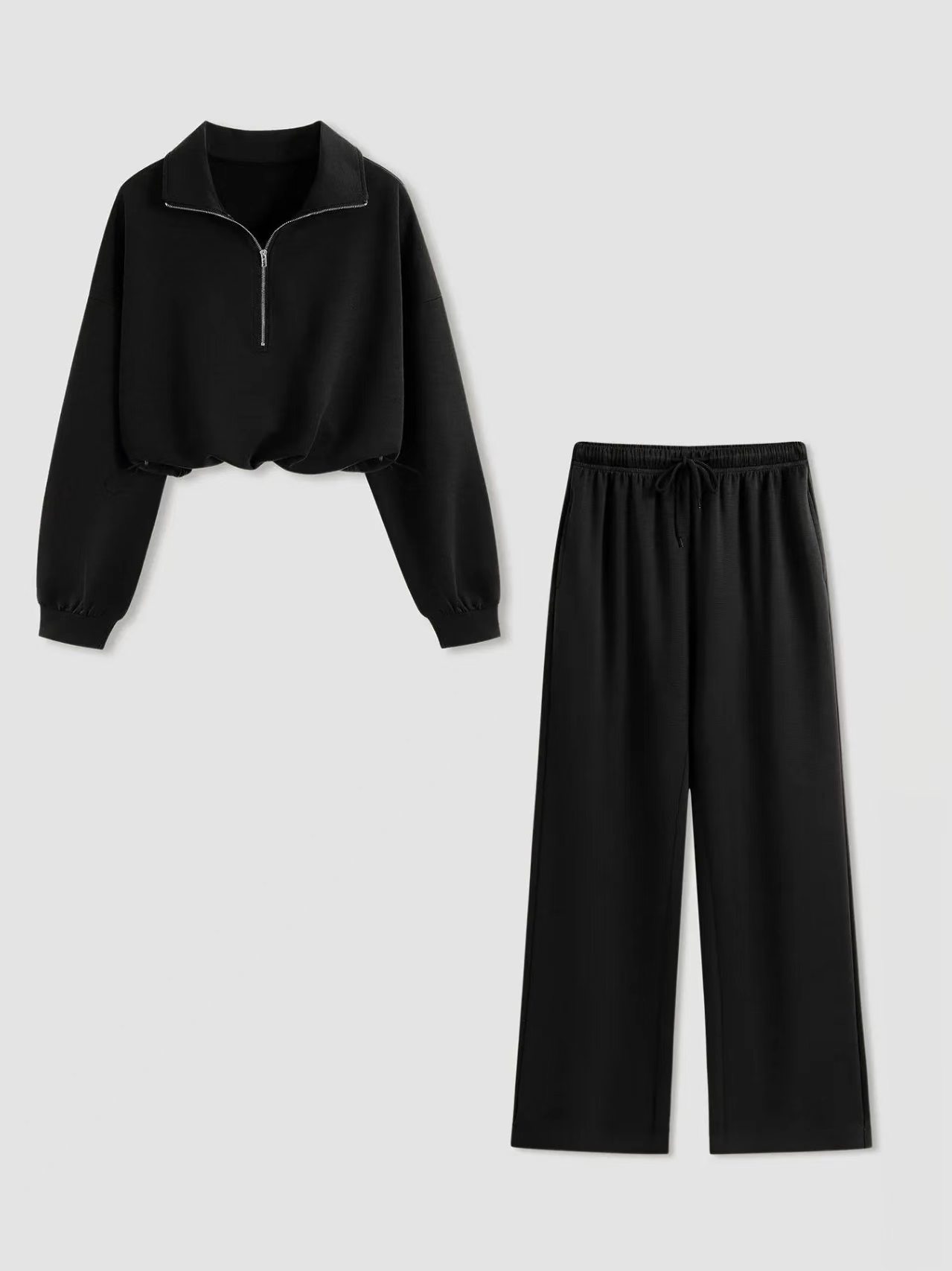 Women 2‑Piece Casual Outfit Set, Half Zip Collar Cropped Sweatshirt & Wide‑Leg Long Pants for Spring Autumn-TACTILEFABLE