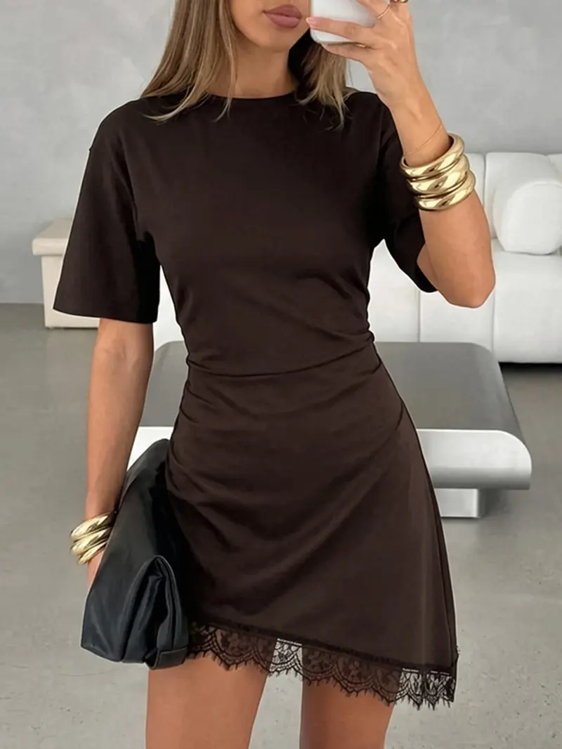 Short Sleeve Lace Trim Asymmetrical T-Shirt Dress Women Daily Wear Casual Mini Dress Short Sleeve Lace Trim Asymmetrical T-Shirt Dress Women Daily Wear Casual Mini Dress