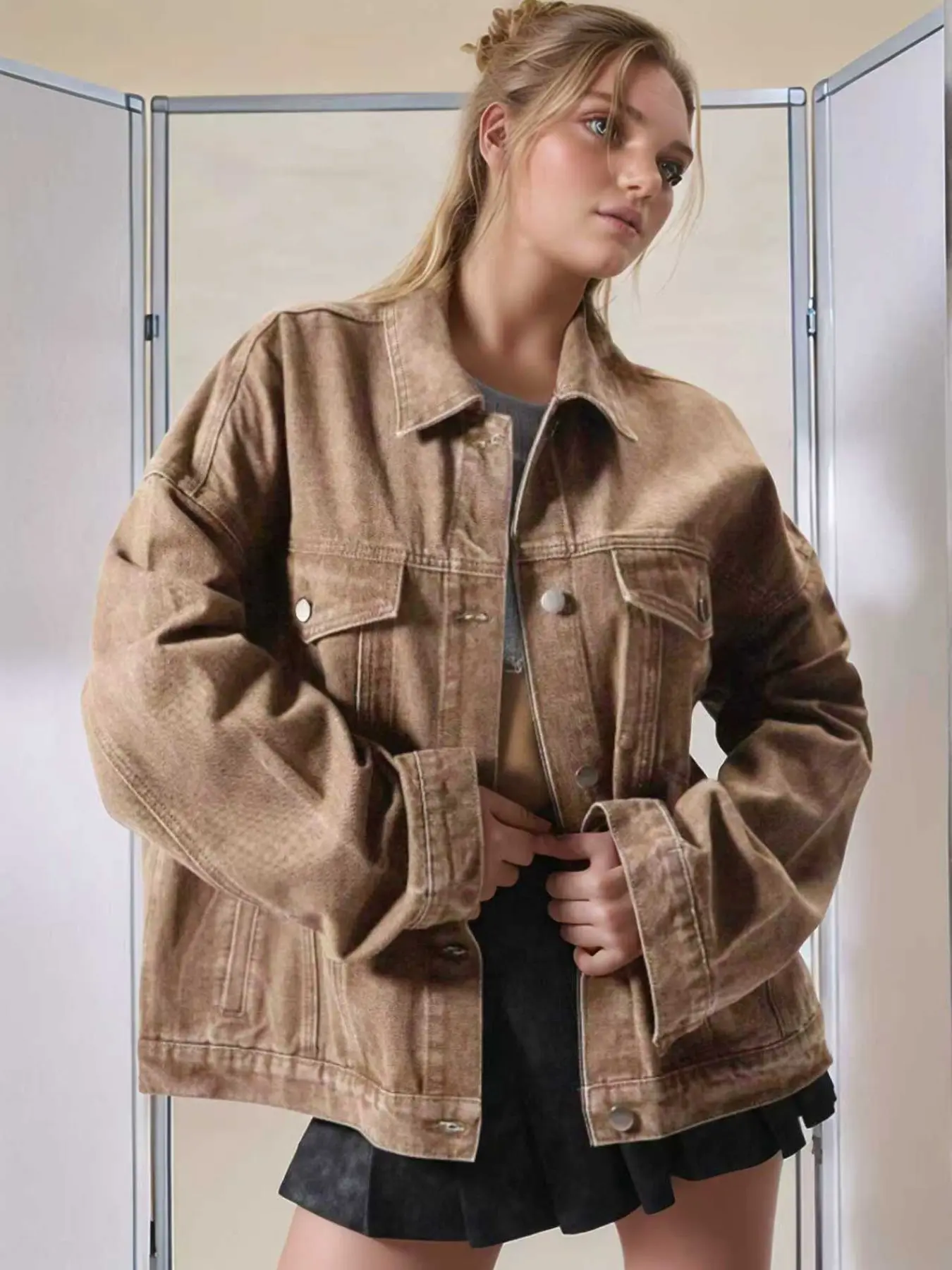 Womens Denim Jacket Oversized Button Down Fall Jean Jacket Coat-Tactilefable