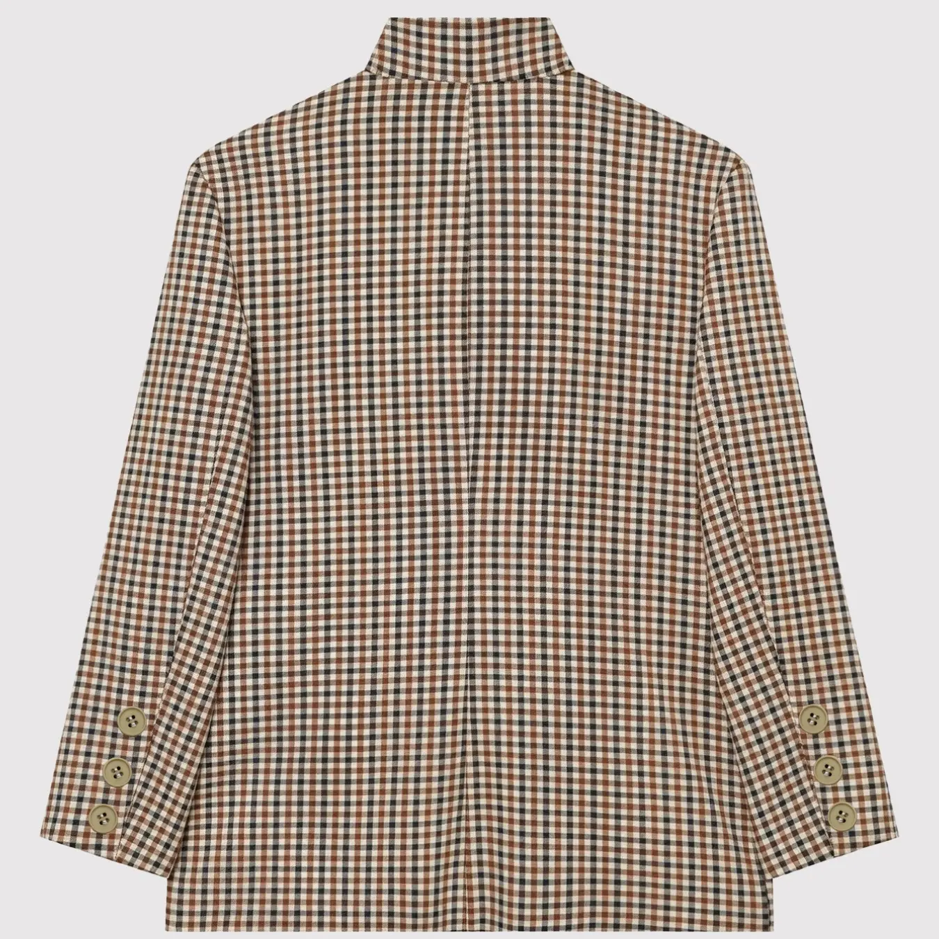 Women’s gingham stand-collar oversized blazer, single-button long-sleeve jacket with flap pockets. Vintage casual outerwear.
