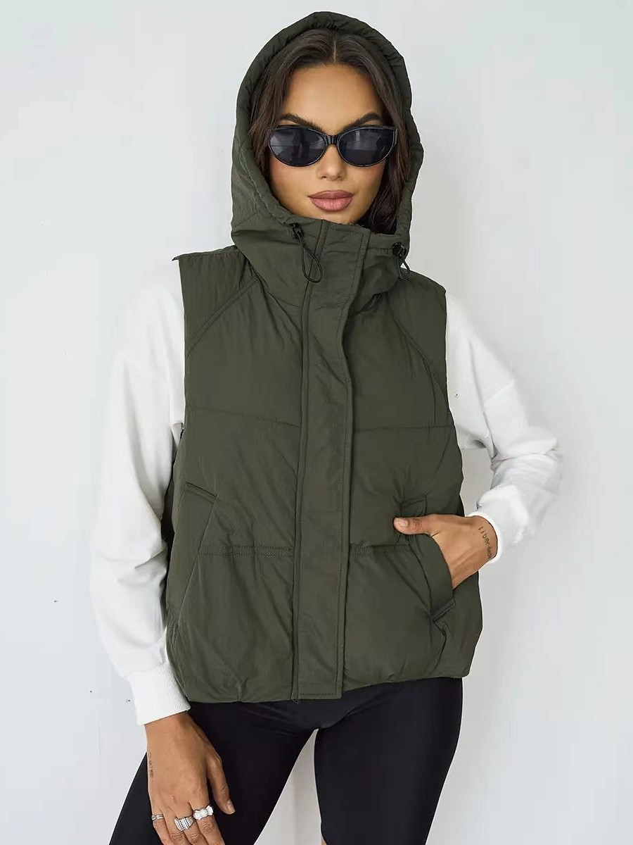 Women's Short Hooded Puffer Gilet, Loose‑Fit Zip‑Up Sleeveless Waistcoat for Autumn Winter Street Chic-TACTILEFABLE