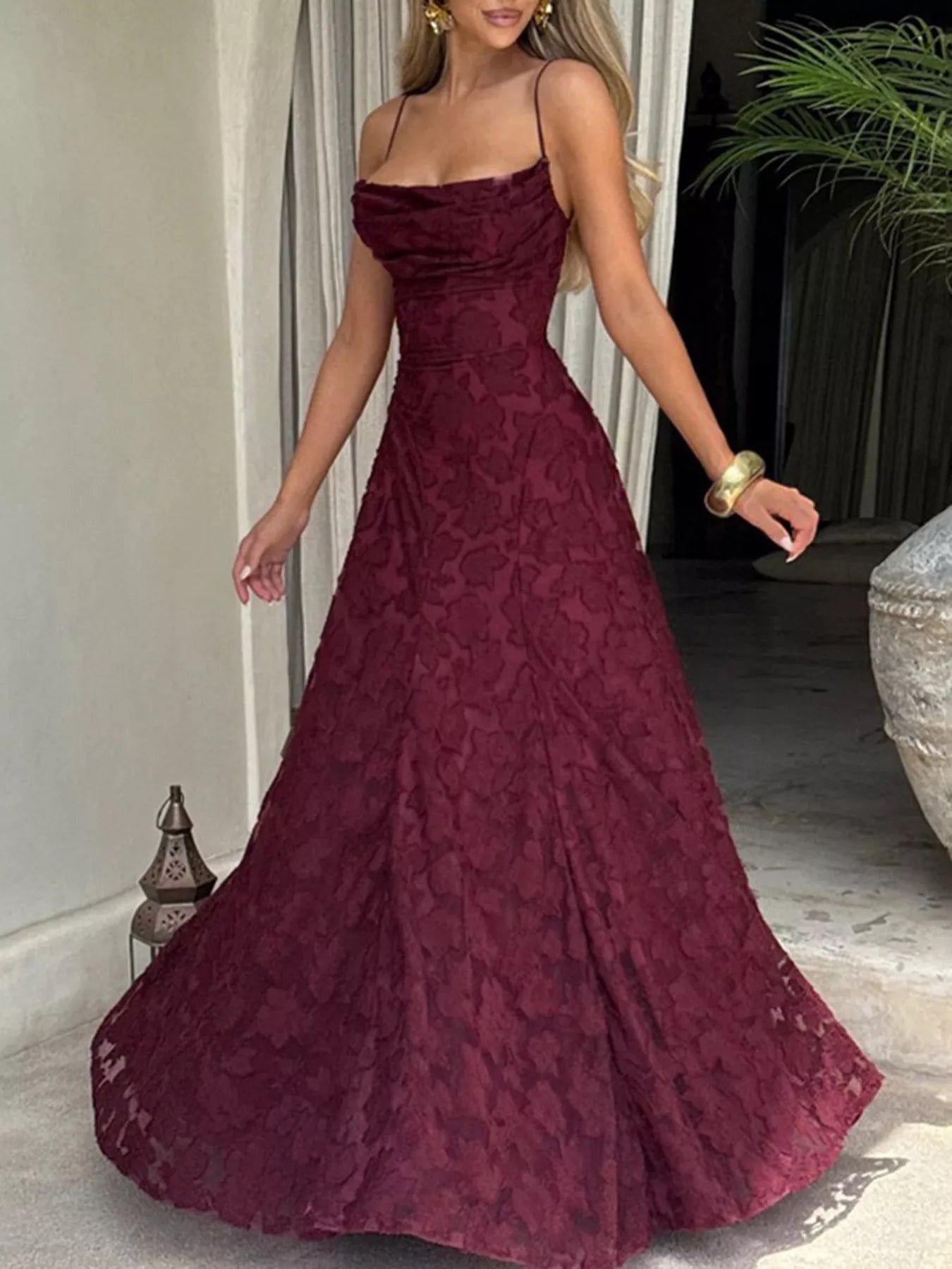 Floral Lace Spaghetti Strap Evening Maxi Dress | 3 Colors-Tactilefable