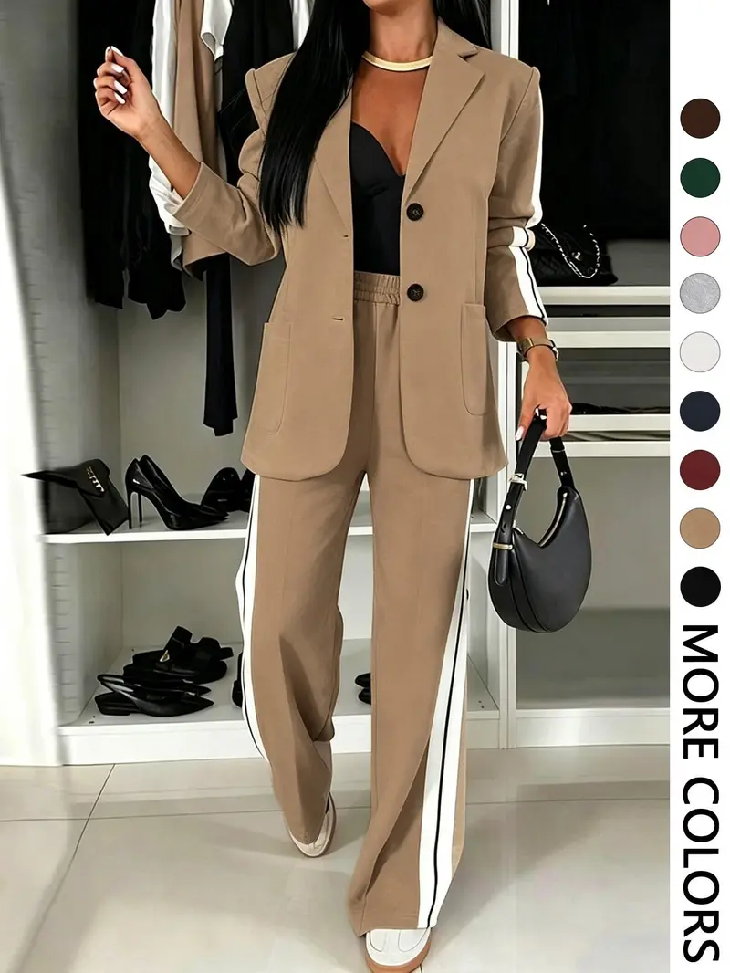 Women's Fall Winter Suit Set, Blazer + Wide Leg Striped Pants, Casual Daily Wear, Home & Outdoors Essential, Includes Pockets
