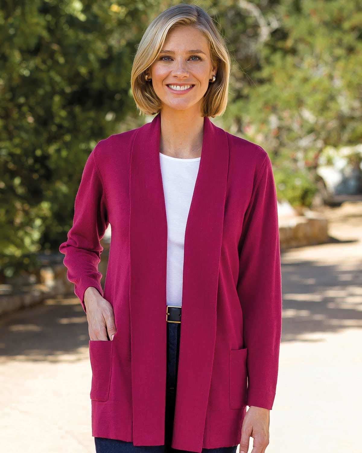 LadiesMerino Wool Blend Cardigan – Raspberry-Tactilefable