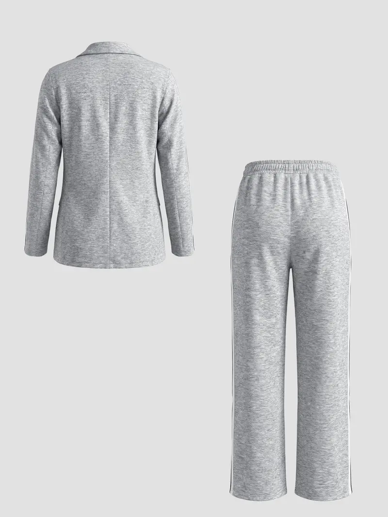 Women's Fall Winter Suit Set, Blazer + Wide Leg Striped Pants, Casual Daily Wear, Home & Outdoors Essential, Includes Pockets