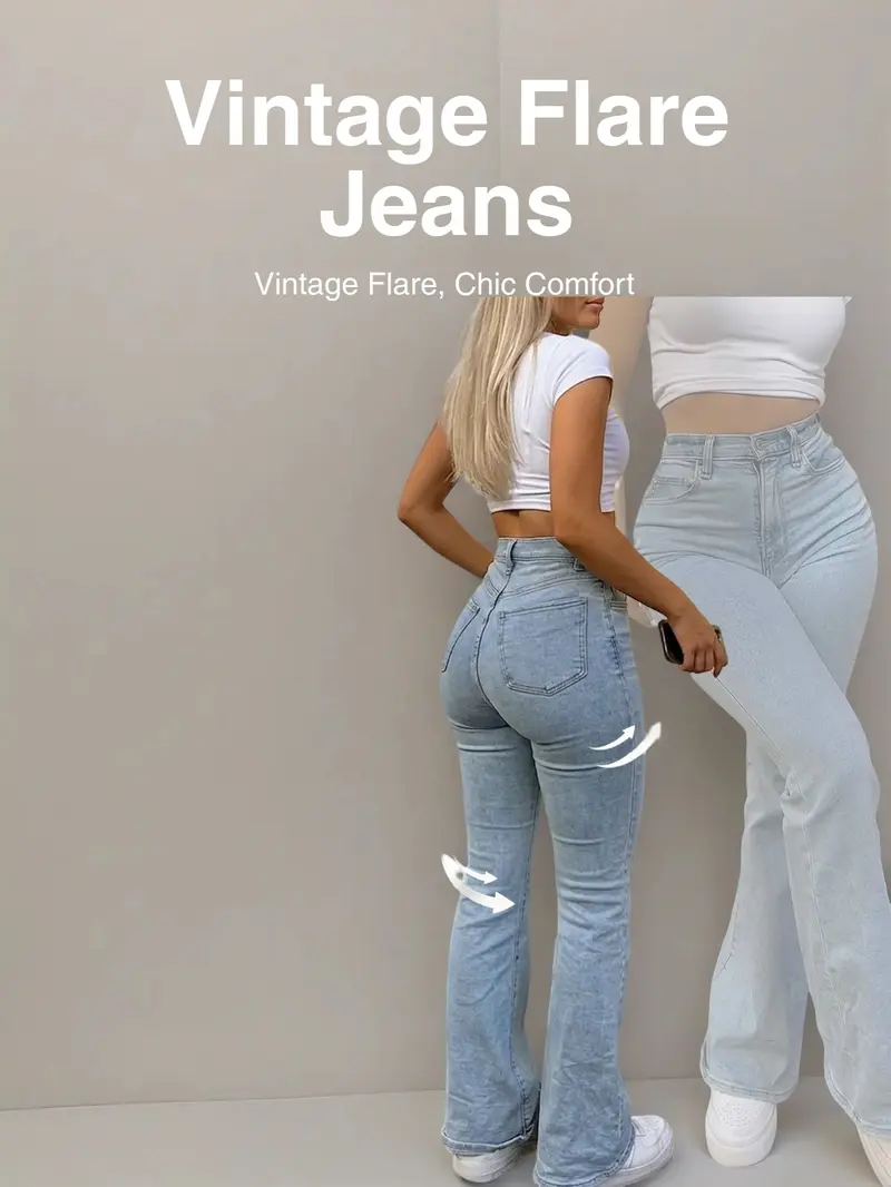 Women's Vintage Flare Denim Jeans Light Blue Washed Butt Lifting Slimming, Casual Long Pants, Natural Waist, All Seasons, Solid Pattern Women's Vintage Flare Denim Jeans Light Blue Washed Butt Lifting Slimming, Casual Long Pants, Natural Waist, All Seasons, Solid Pattern