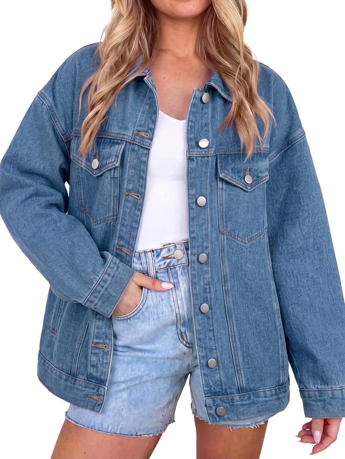 Womens Denim Jacket Oversized Button Down Fall Jean Jacket Coat-Tactilefable