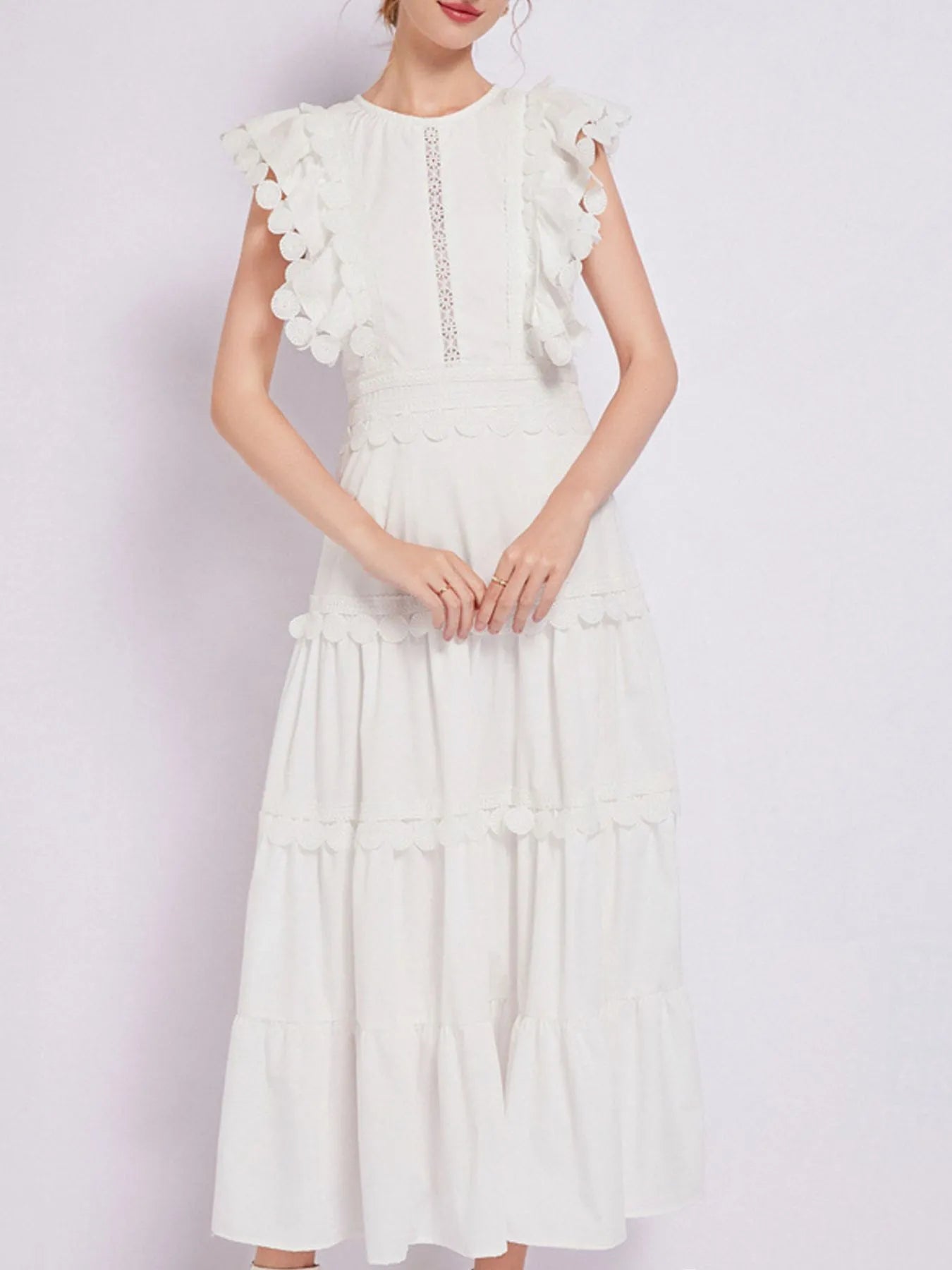 Flutter Sleeve Tiered Maxi Dress with Embroidered Trim | 3 Colors-Tactilefable