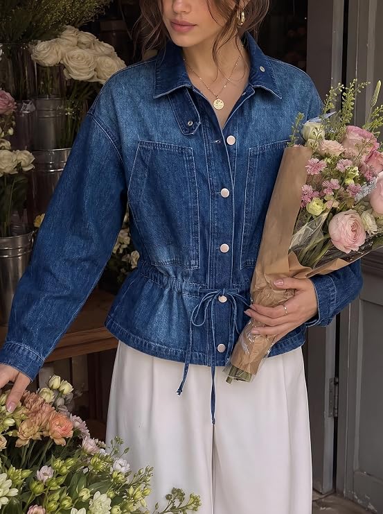 Women Drawstring Jean Jacket Button Down Collared Denim Shacket-Tactilefable
