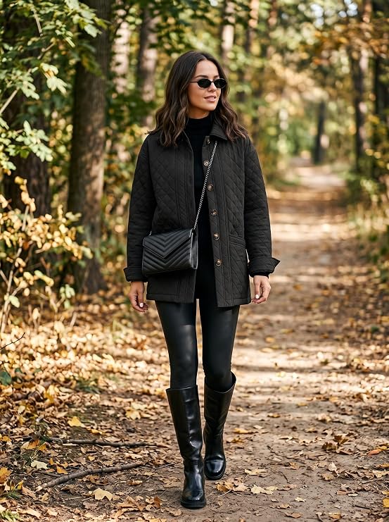 Quilted Jackets for Women Casual Lightweight Button Down Collared Long Sleeve Coats with Pockets-TACTILEFABLE