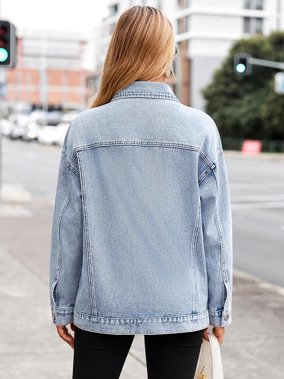 Womens Denim Jacket Oversized Button Down Fall Jean Jacket Coat-Tactilefable