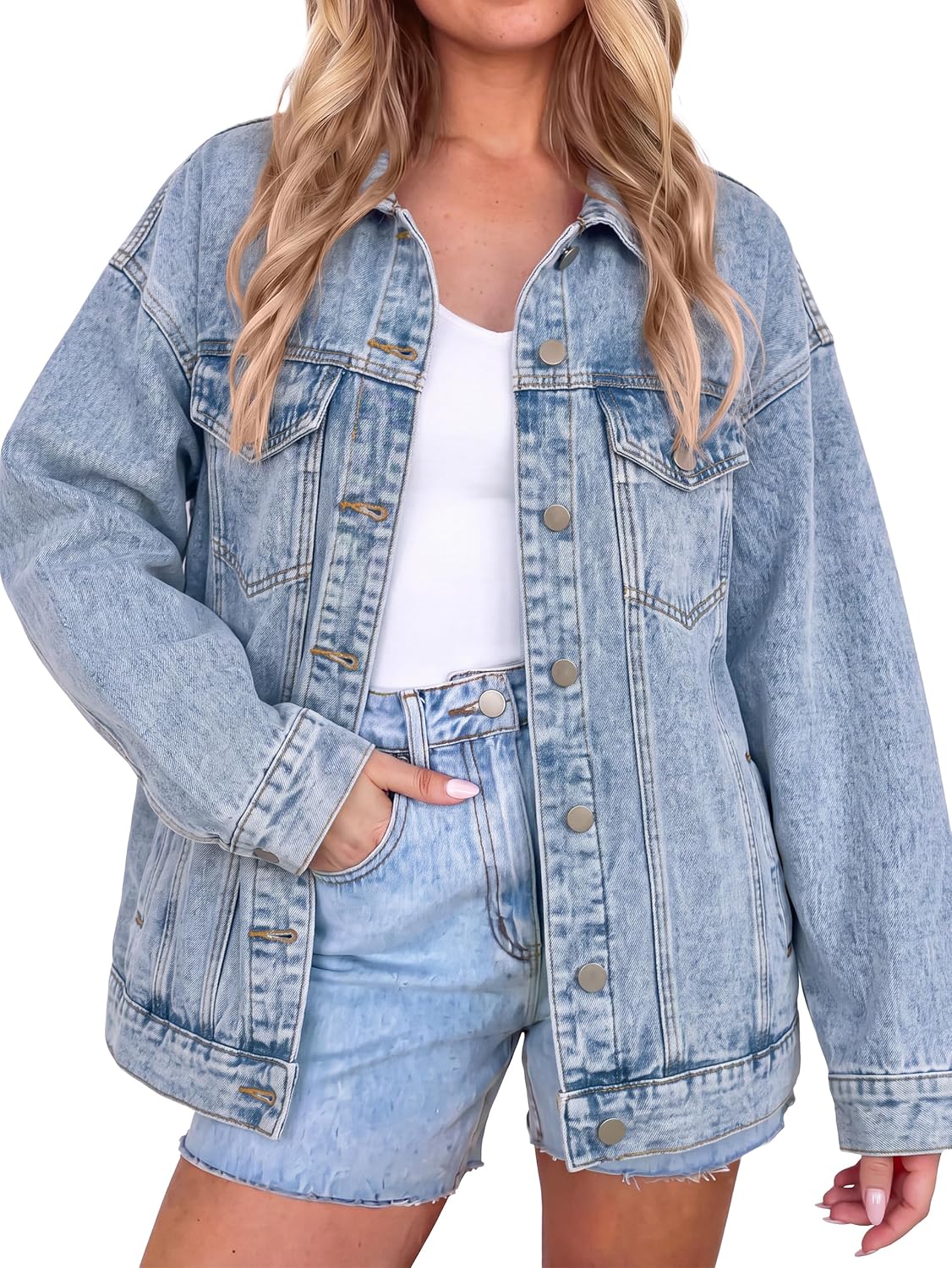 Womens Denim Jacket Oversized Button Down Fall Jean Jacket Coat-Tactilefable