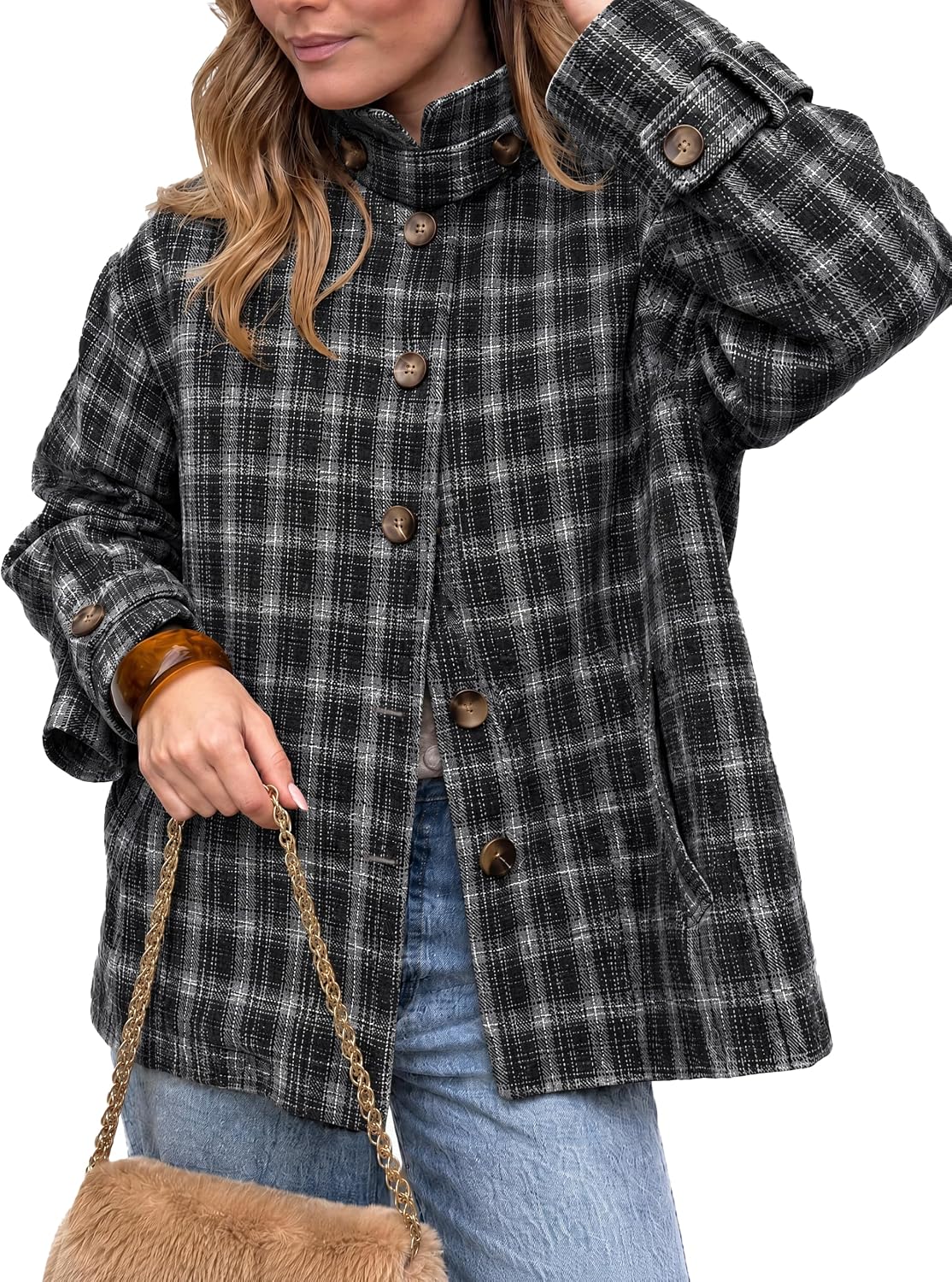 Womens Plaid Barn Jackets Button Down Vintage Flannel Outerwear-Tactilefable