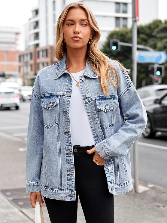 Womens Denim Jacket Oversized Button Down Fall Jean Jacket Coat-Tactilefable