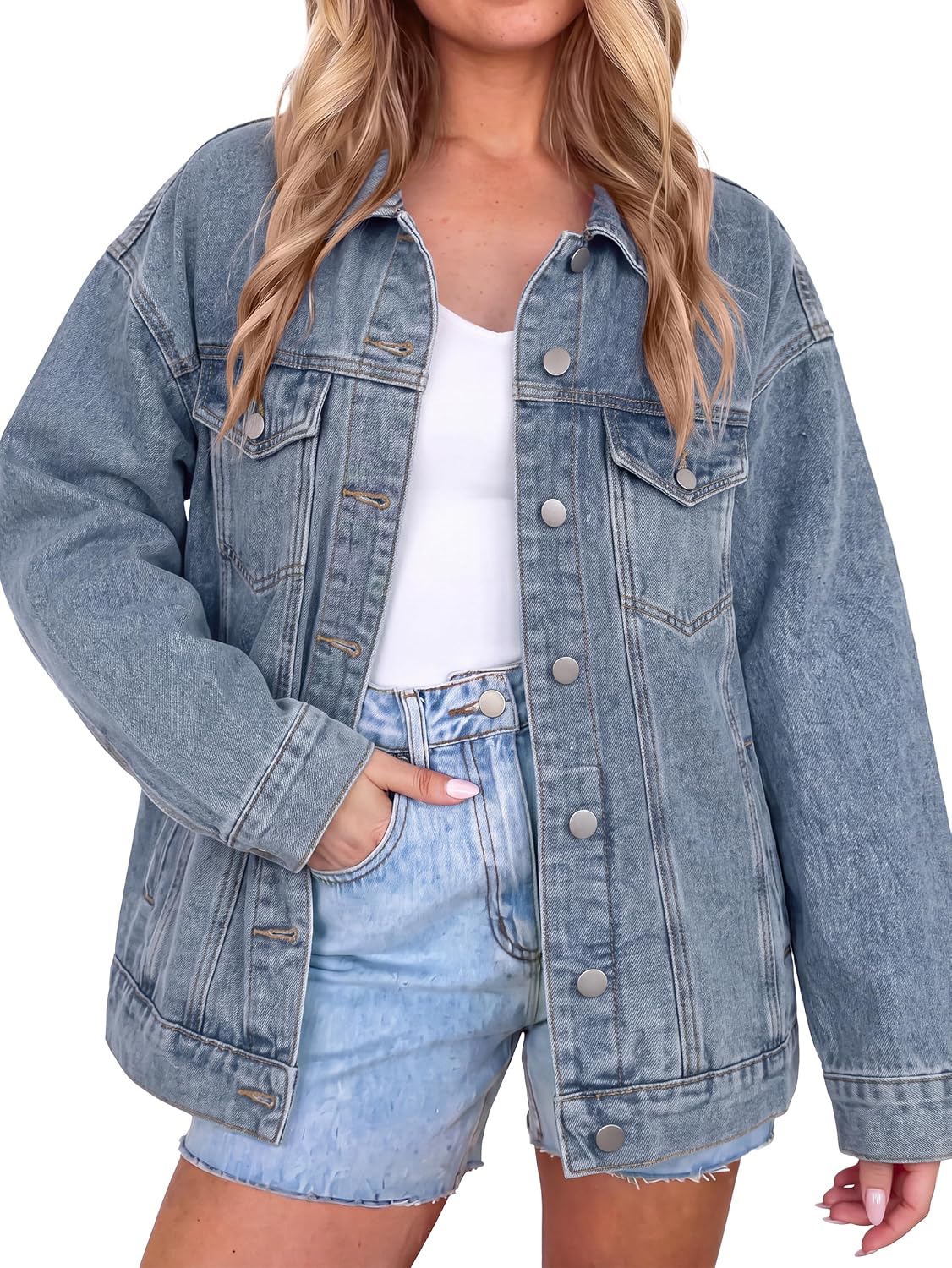 Womens Denim Jacket Oversized Button Down Fall Jean Jacket Coat-Tactilefable
