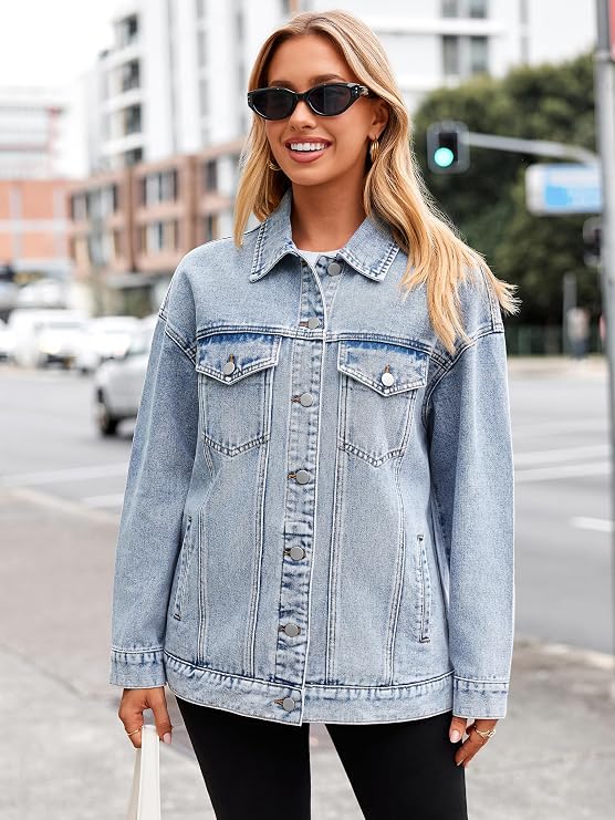 Womens Denim Jacket Oversized Button Down Fall Jean Jacket Coat-Tactilefable