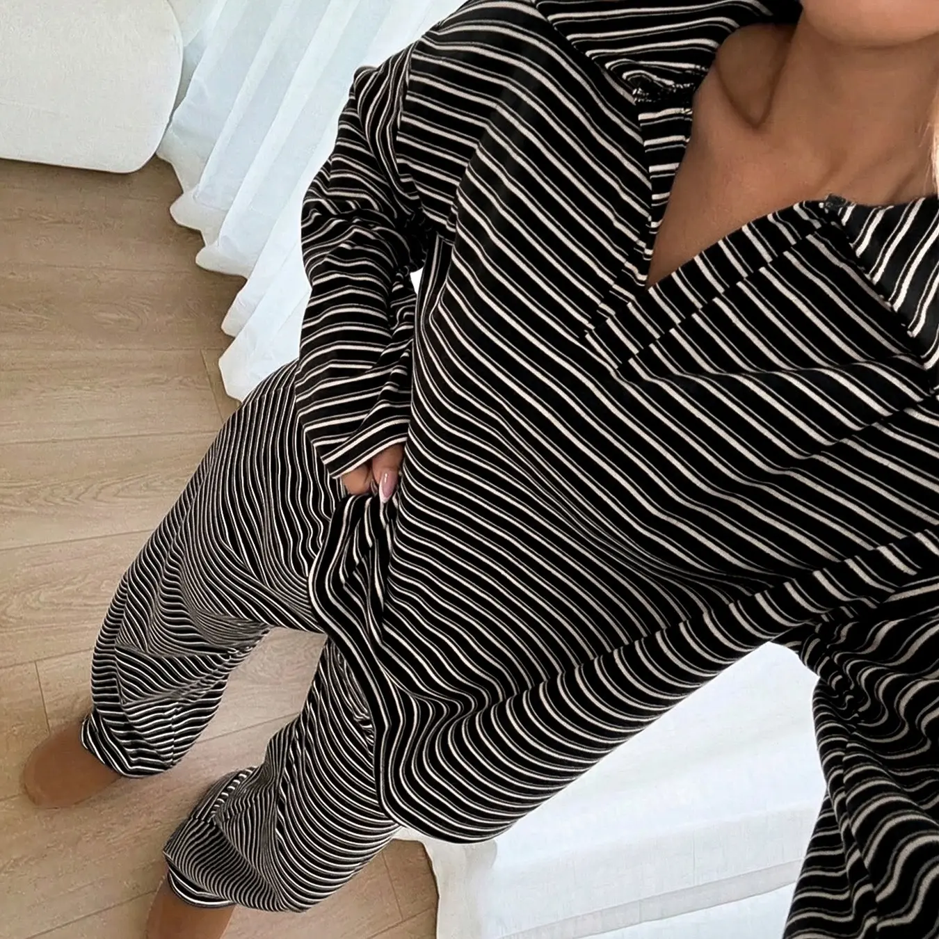 Women's 2-Piece Striped V-Neck Lounge Set