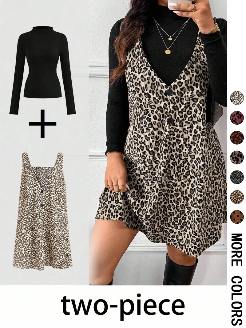 Women's High Neck Inner Layer + Leopard Print Strap Skirt Set, Casual Daily Spring Autumn Commuter, Two-Piece Ensemble, Top And Skirt Set