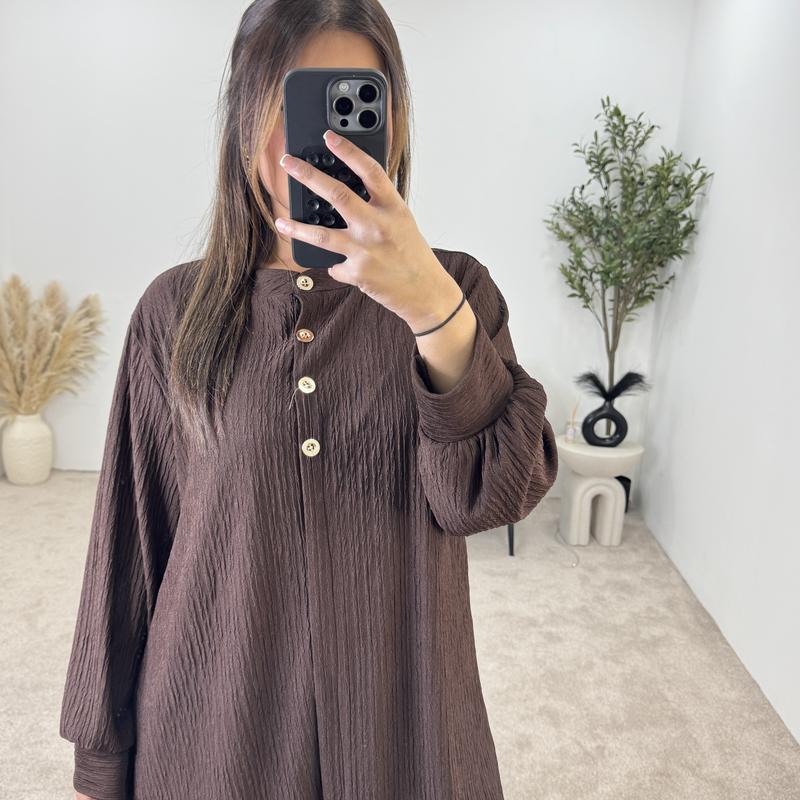 Crinkle Plissé Button-Up Top & Wide-Leg Trouser Set