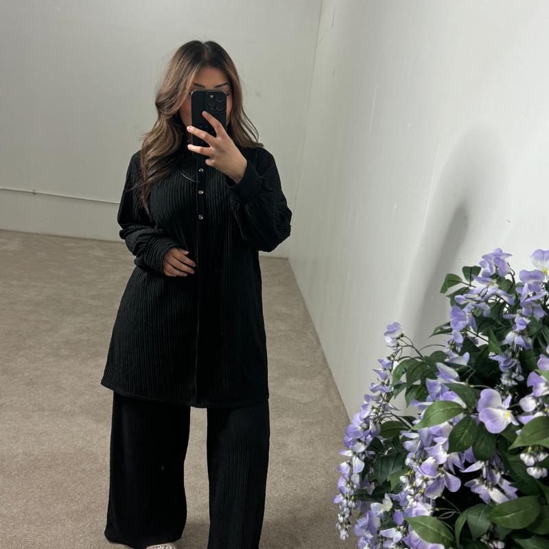 Crinkle Plissé Button-Up Top & Wide-Leg Trouser Set