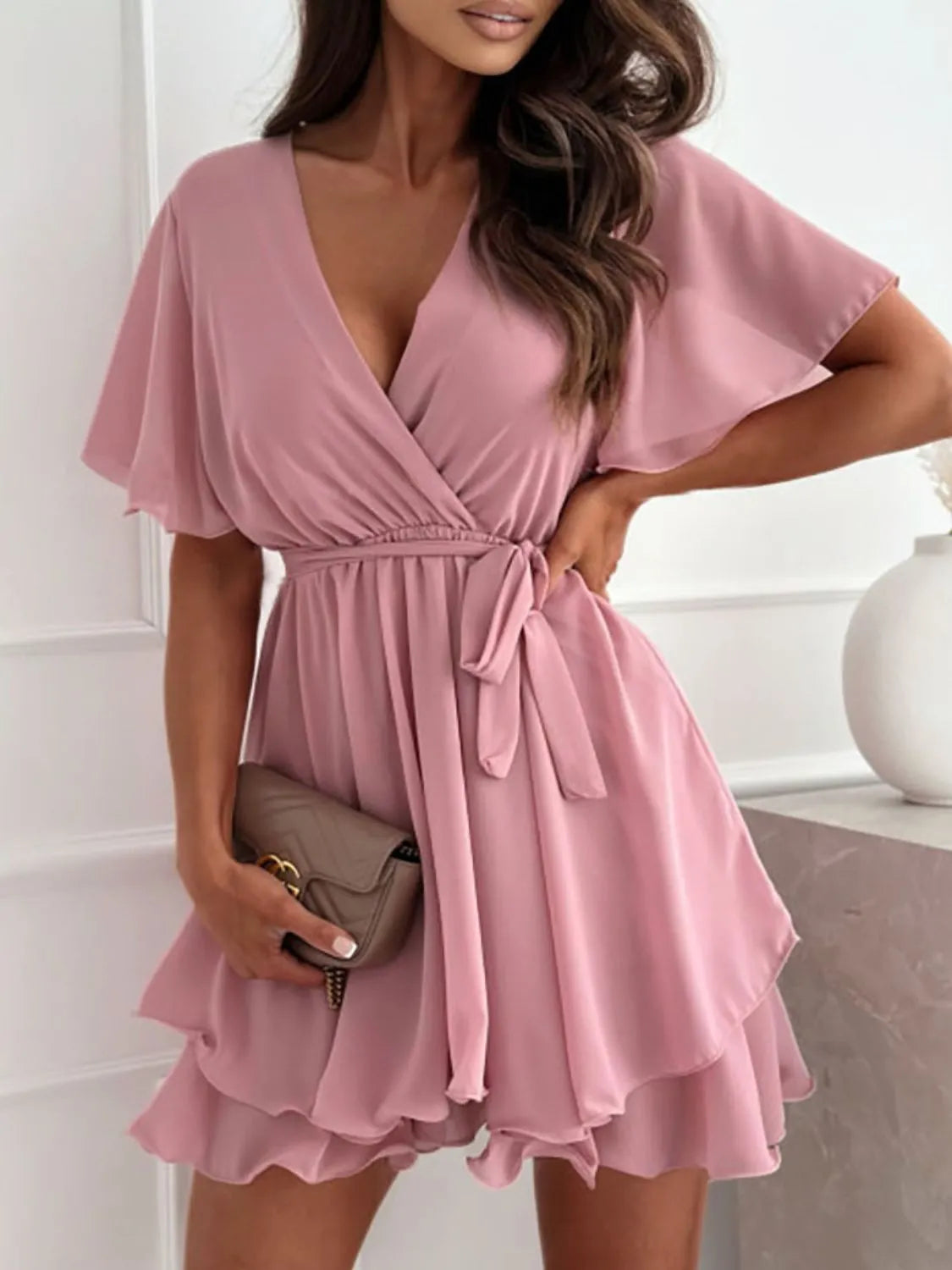 Sweet Talk Flutter Surplice Flutter Sleeve Mini Dress | 3 colors | Poundton-Tactilefable