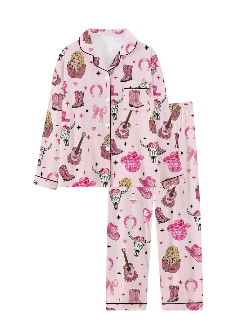 Country Music Guitar Print Cowgirl 2-Piece Pajama Set, Comfortable Knit Long Sleeve Button Front Homewear, Fall & Winter Loungewear Country Music Guitar Print Cowgirl 2-Piece Pajama Set, Comfortable Knit Long Sleeve Button Front Homewear, Fall & Winter Loungewear