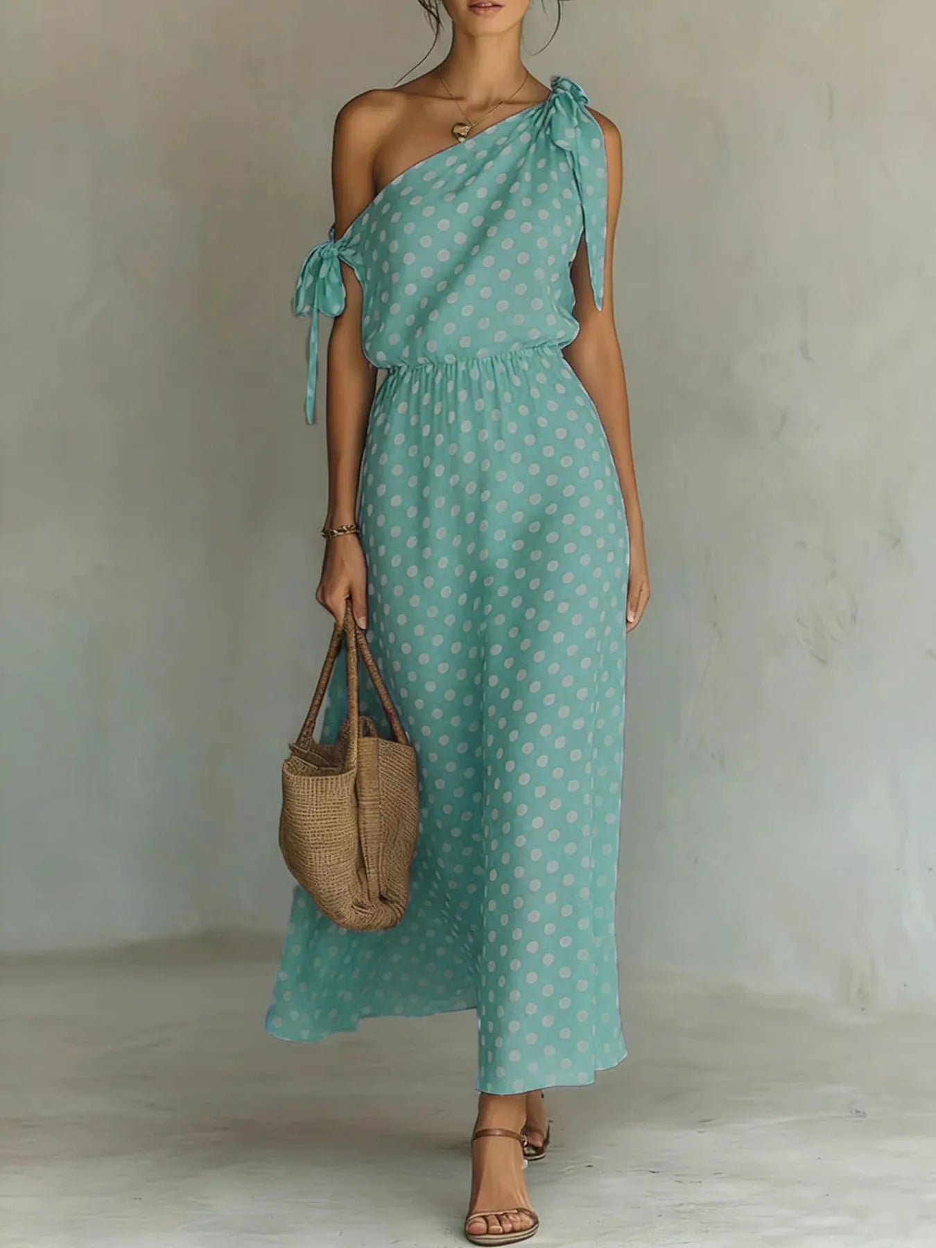 Dorothea One-Shoulder Polka Dot Midi Dress | 6 Colors-Tactilefable