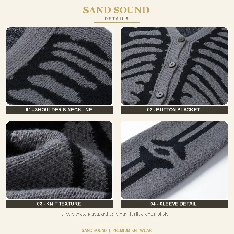 Women's Skeleton Print Knit Cardigan V-Neck Drop-Shoulder Sweater for Casual Wear-Tactilefable