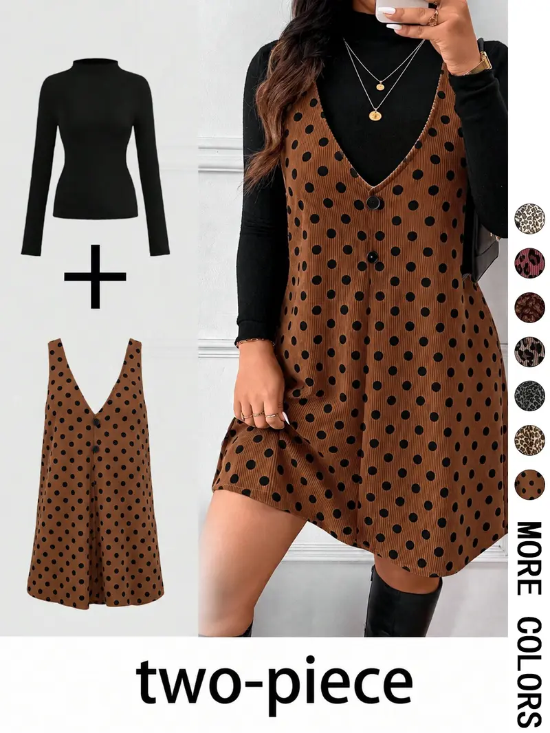 Women's High Neck Inner Layer + Leopard Print Strap Skirt Set, Casual Daily Spring Autumn Commuter, Two-Piece Ensemble, Top And Skirt Set