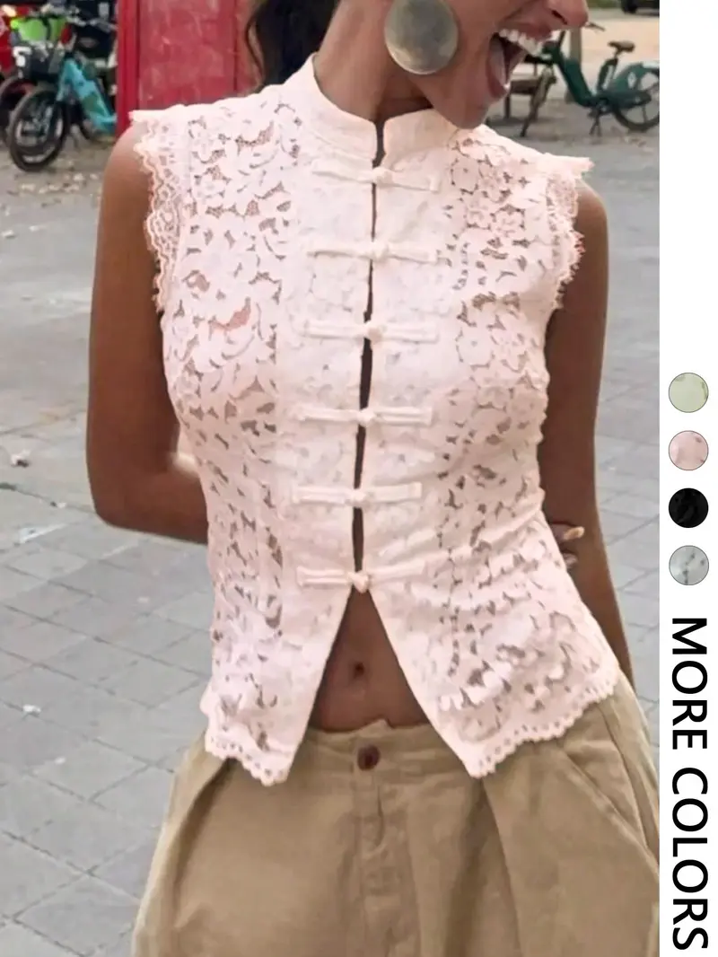 Women's Spring Summer Stand Collar Button Front Lace Vest, Floral Cut Out Hem, Lightweight Breathable Slim Fit, Casual Street Style Aesthetic Top, Fashion Vest Women's Spring Summer Stand Collar Button Front Lace Vest, Floral Cut Out Hem, Lightweight Breathable Slim Fit, Casual Street Style Aesthetic Top, Fashion Vest
