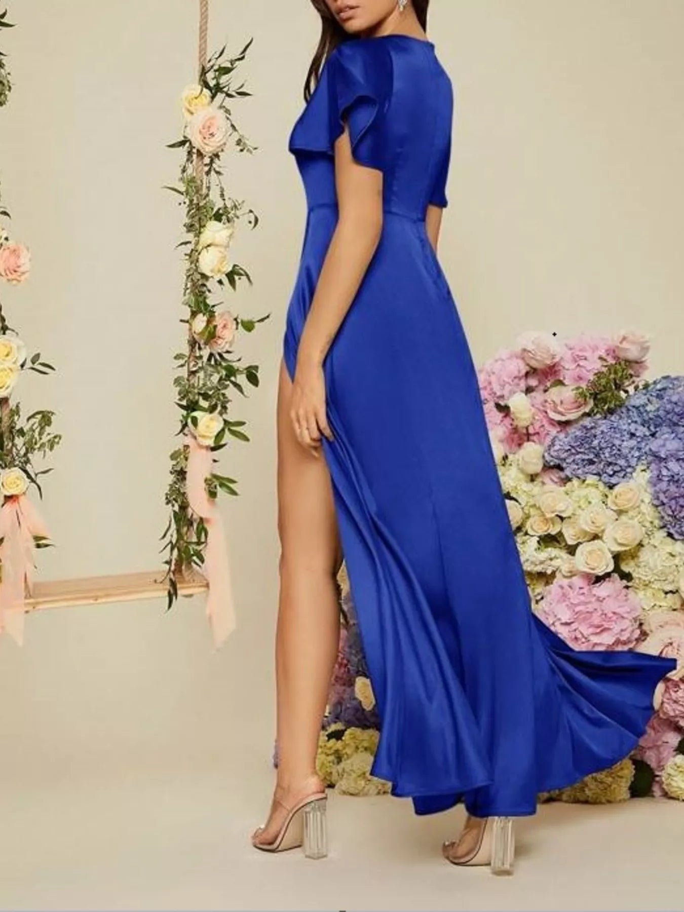 Serena Flutter Sleeve Satin Maxi Dress | 5 Colors | Poundton-Tactilefable