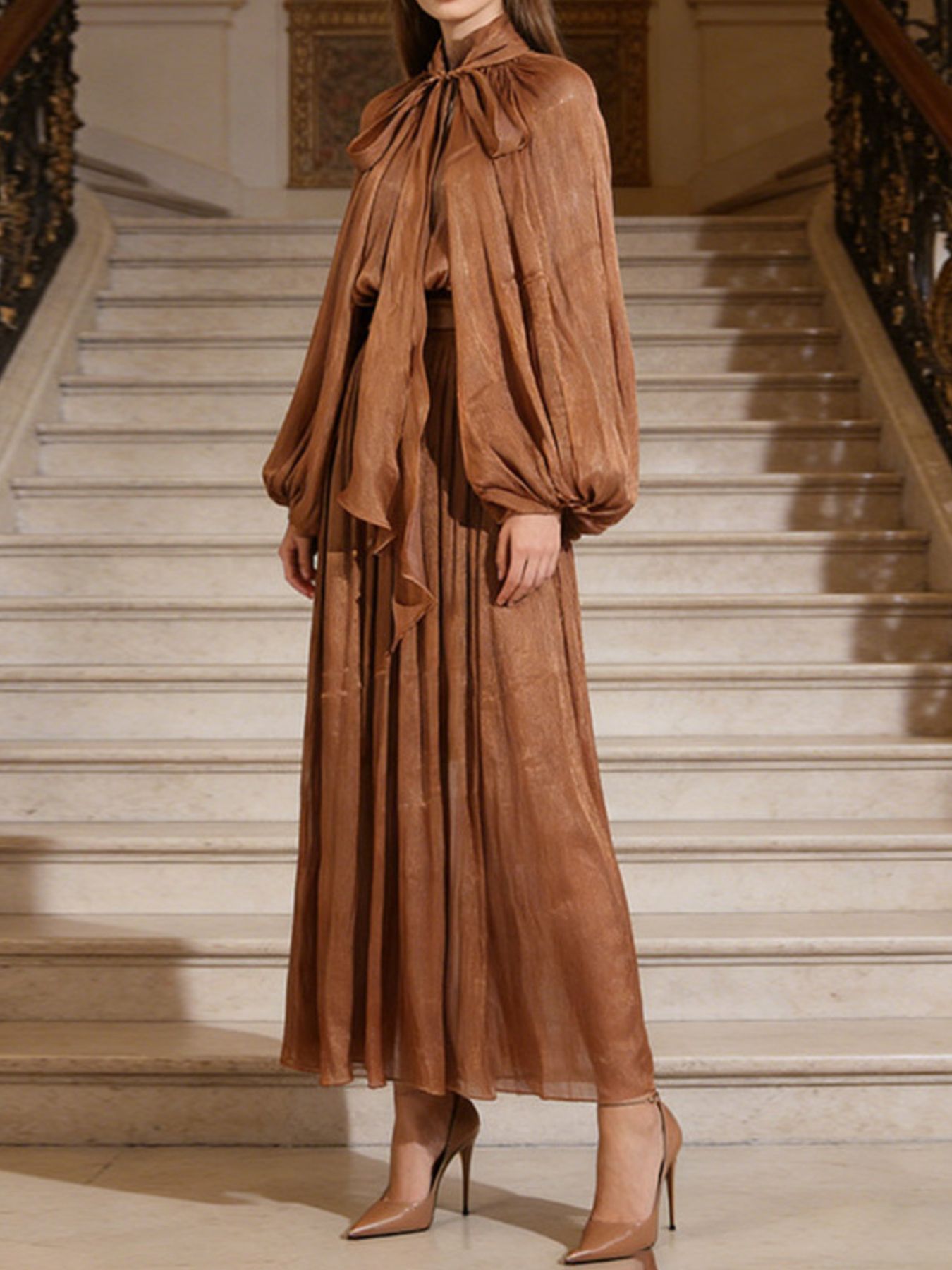 Golden Hour Tie-Front Balloon Sleeve Maxi Dress | Apricot or Brown-Tactilefable
