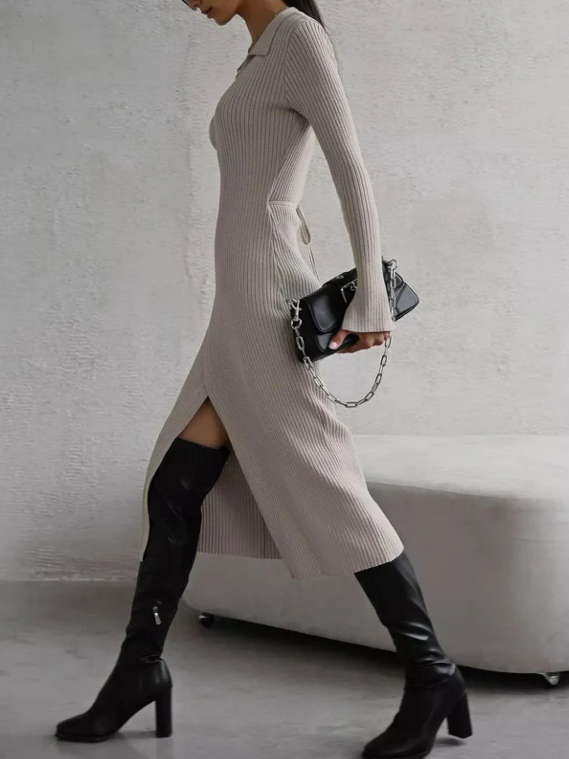 Maya Tied Collared Neck Long Sleeve Sweater Dress | 3 Colors | Poundton-Tactilefable