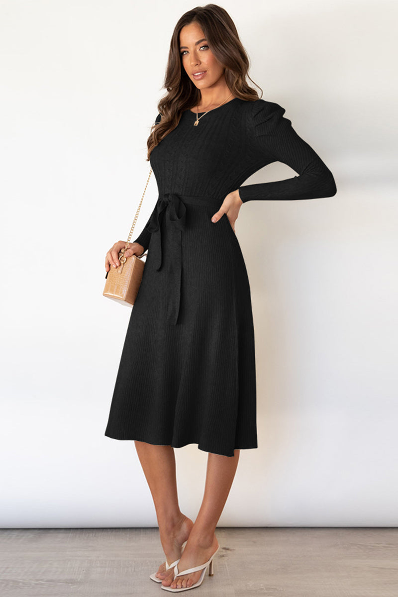 Daniela Round Neck Long Sleeve Tie Waist Sweater Dress | 5 Colors-Tactilefable