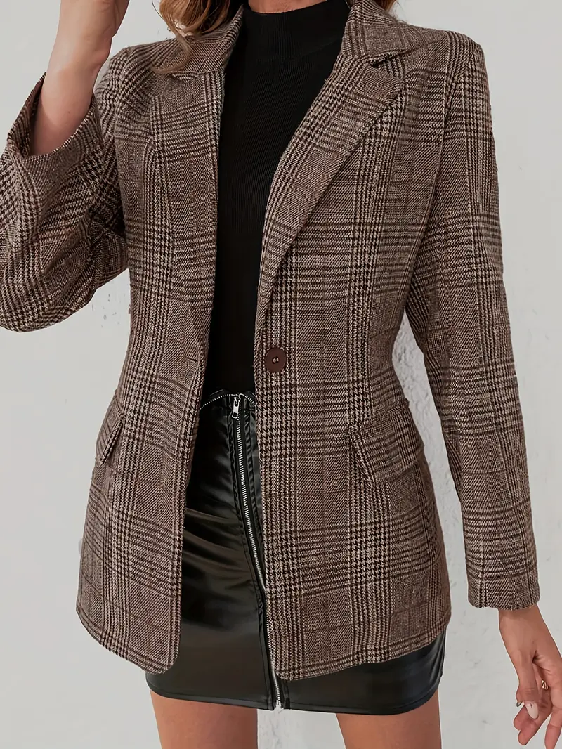 Vintage Plaid Button Front Blouse, Retro Style Women's Top, One-Button Design, Fashionable & Comfortable, Perfect for Casual Wear