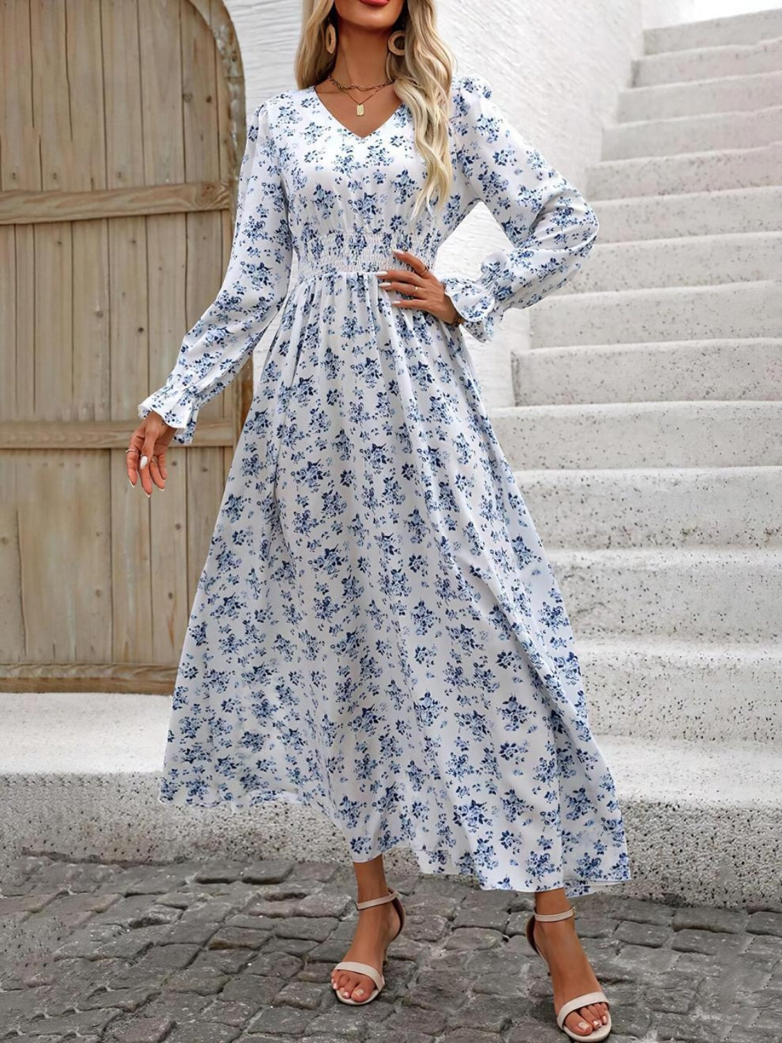 Gianna Smocked Printed V-Neck Flounce Sleeve Dress | 4 Colors-Tactilefable