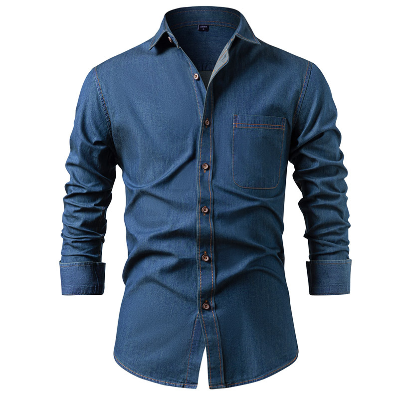 Men's Denim Shirt, Pure Cotton, Wrinkle-Free, Solid Color, Long Sleeve-Tactilefable