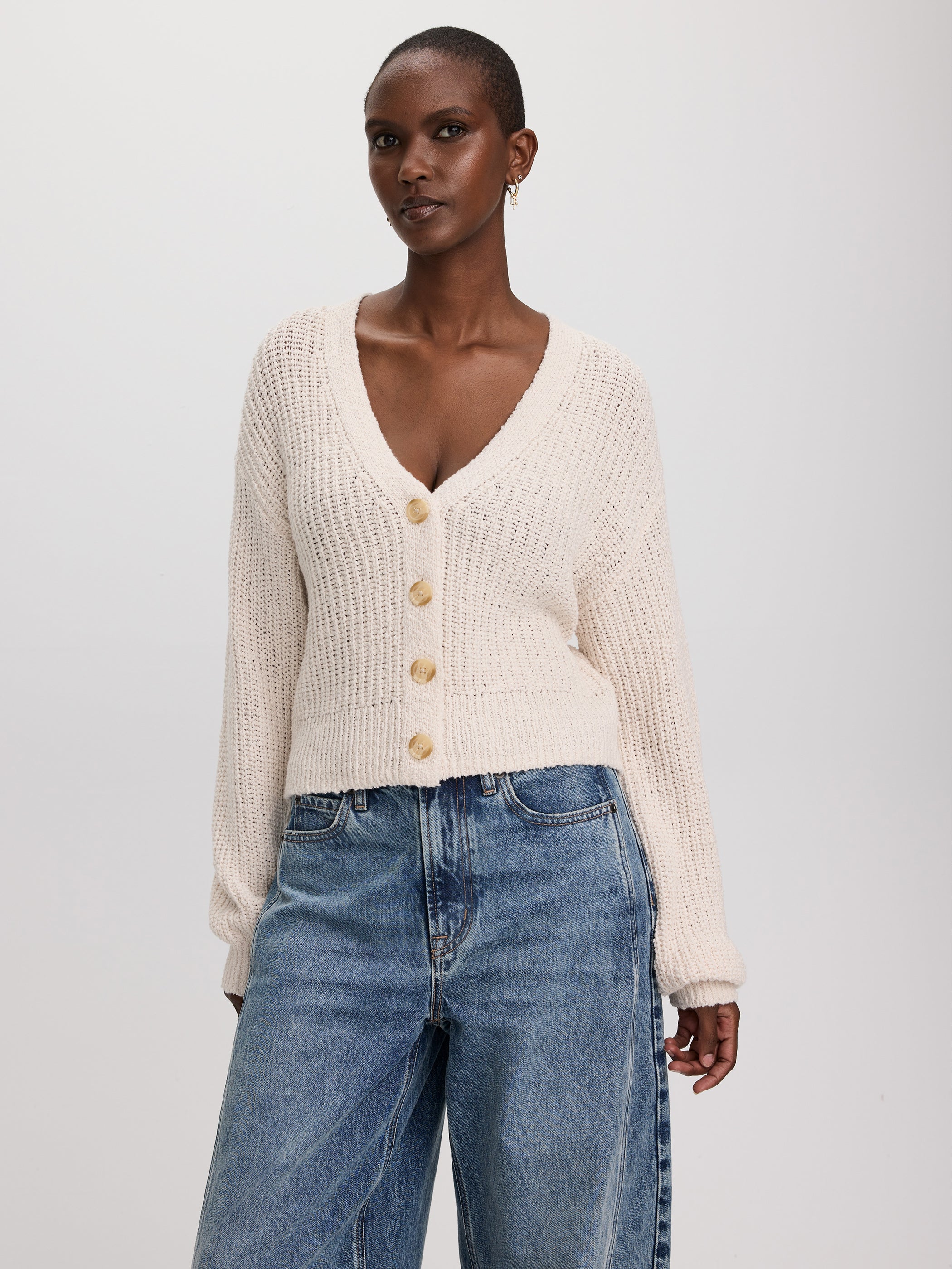 Long-Balloon-Sleeve V-Neck Cardigan-Tactilefable