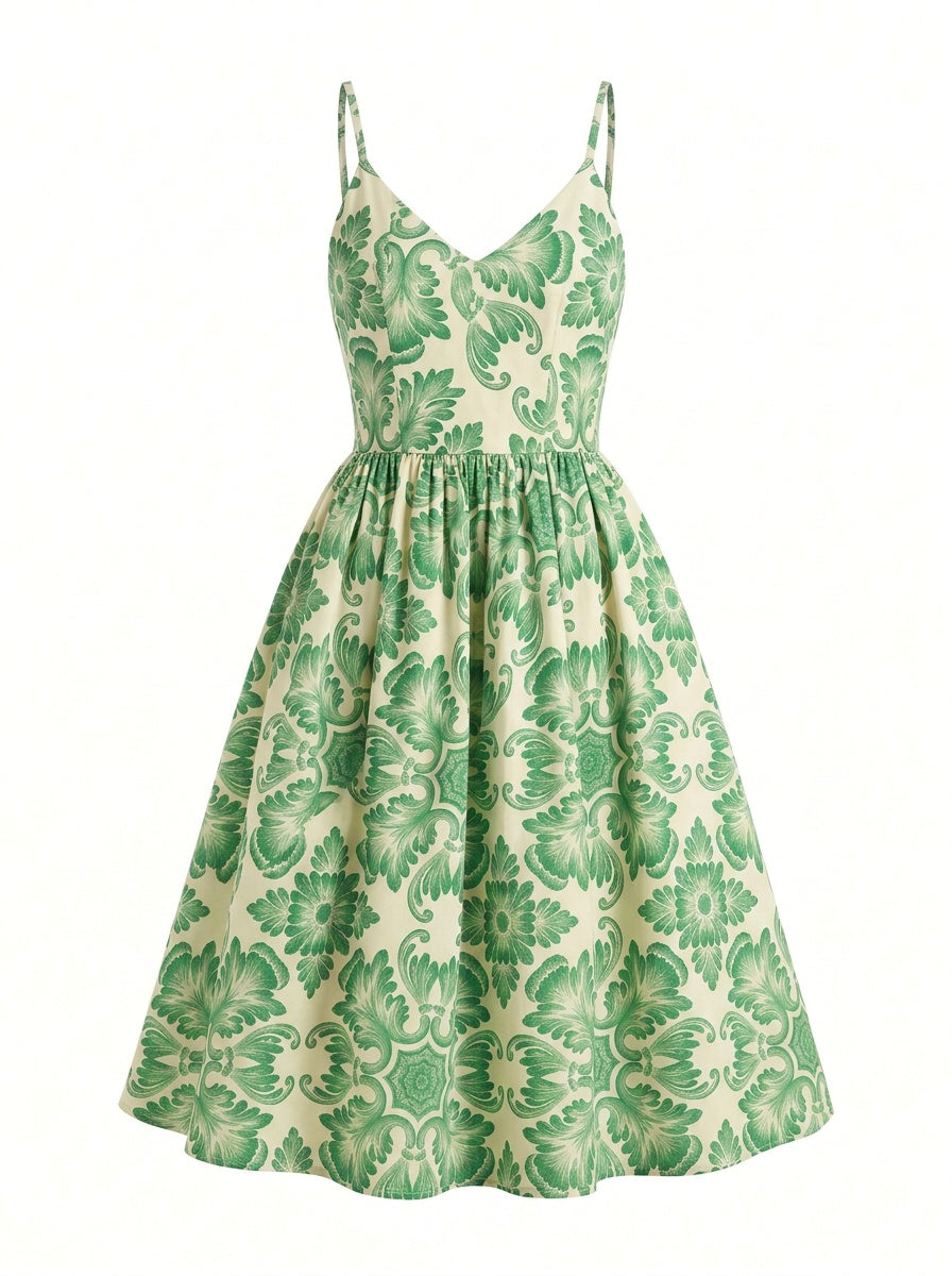 Amalie Ballerina 70's Style Swing Dress in Green Noto Tile-Tactilefable