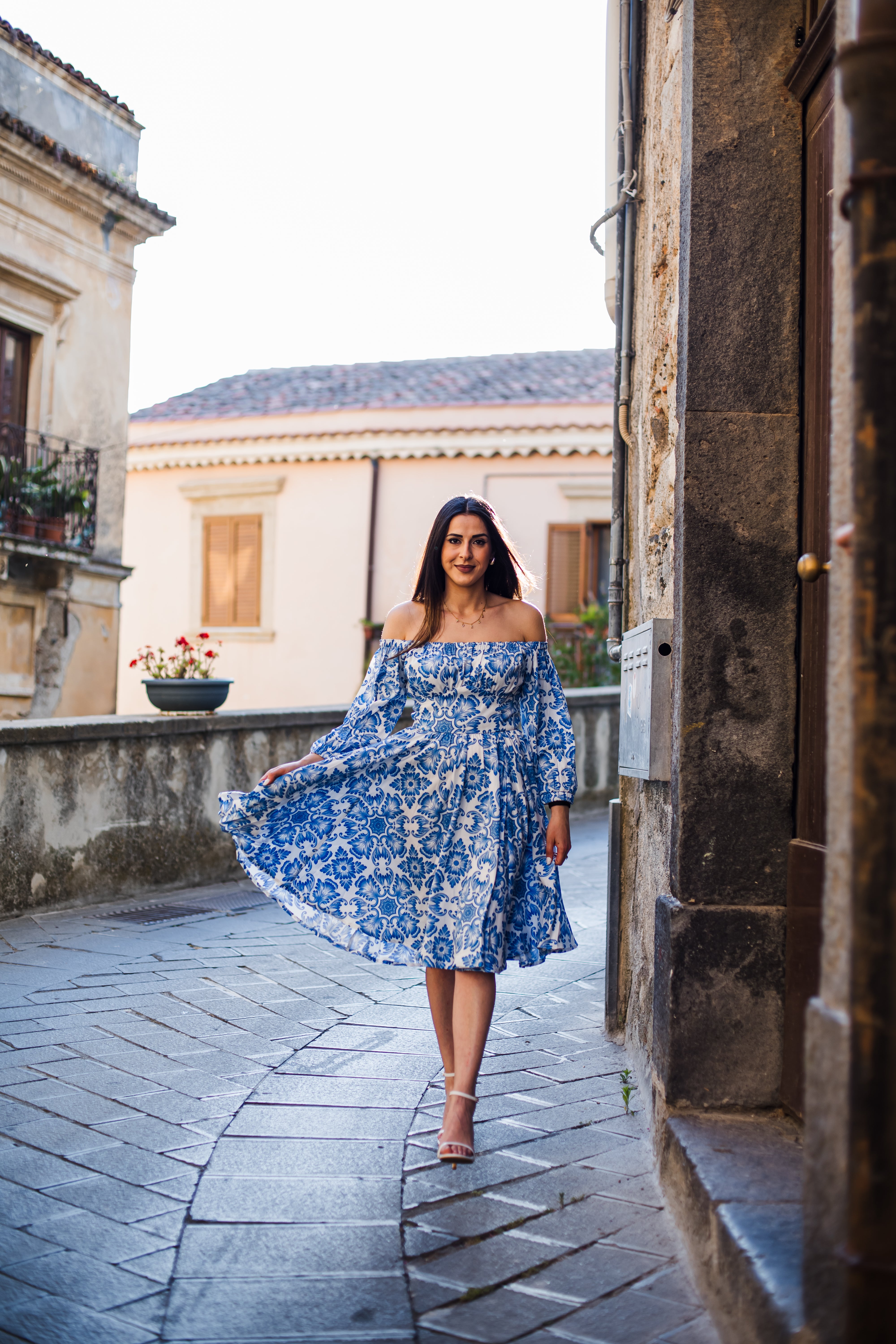 Marie-Therese Peasant Dress in Blue Noto Tile-Tactilefable