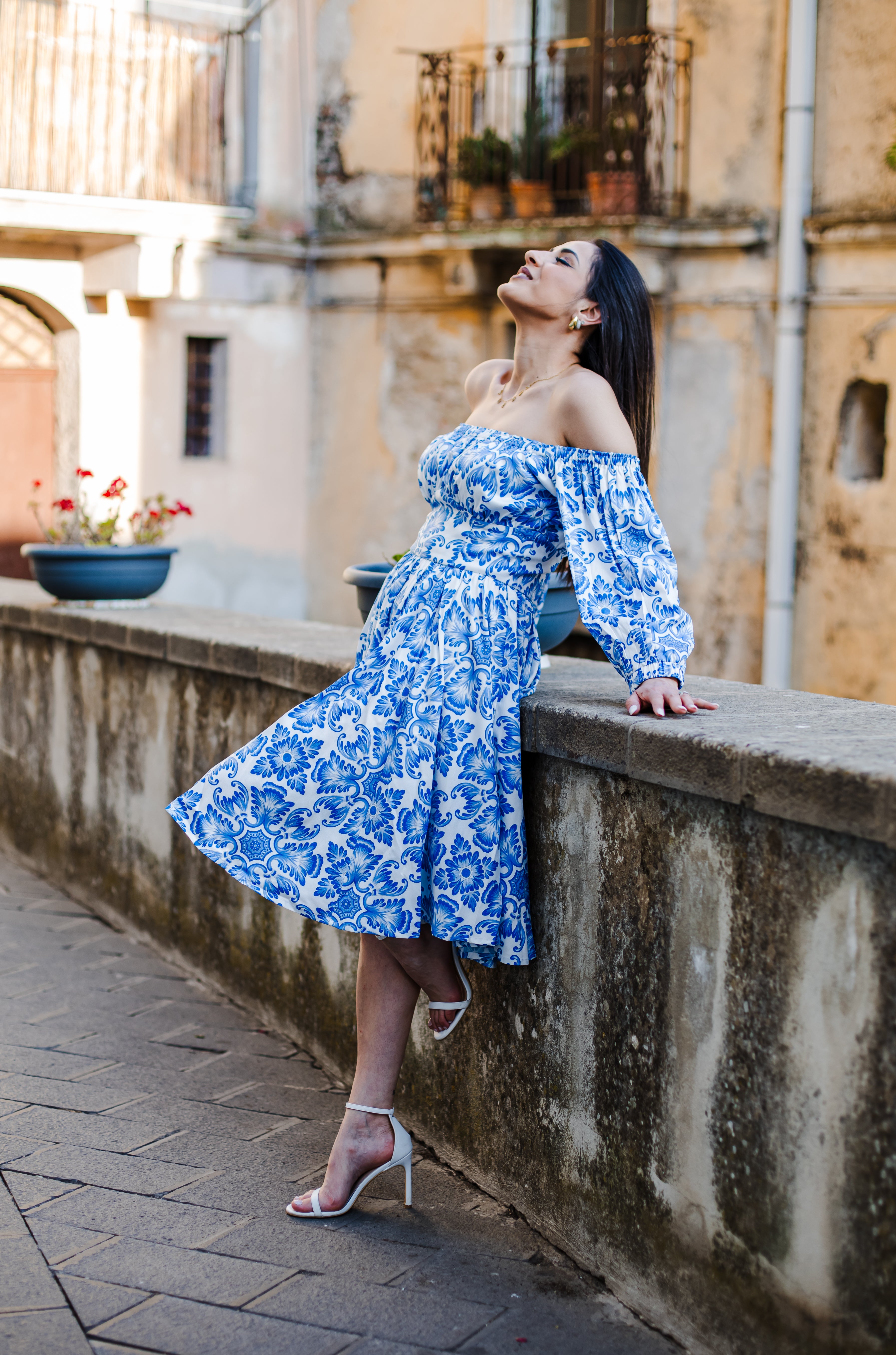 Marie-Therese Peasant Dress in Blue Noto Tile-Tactilefable