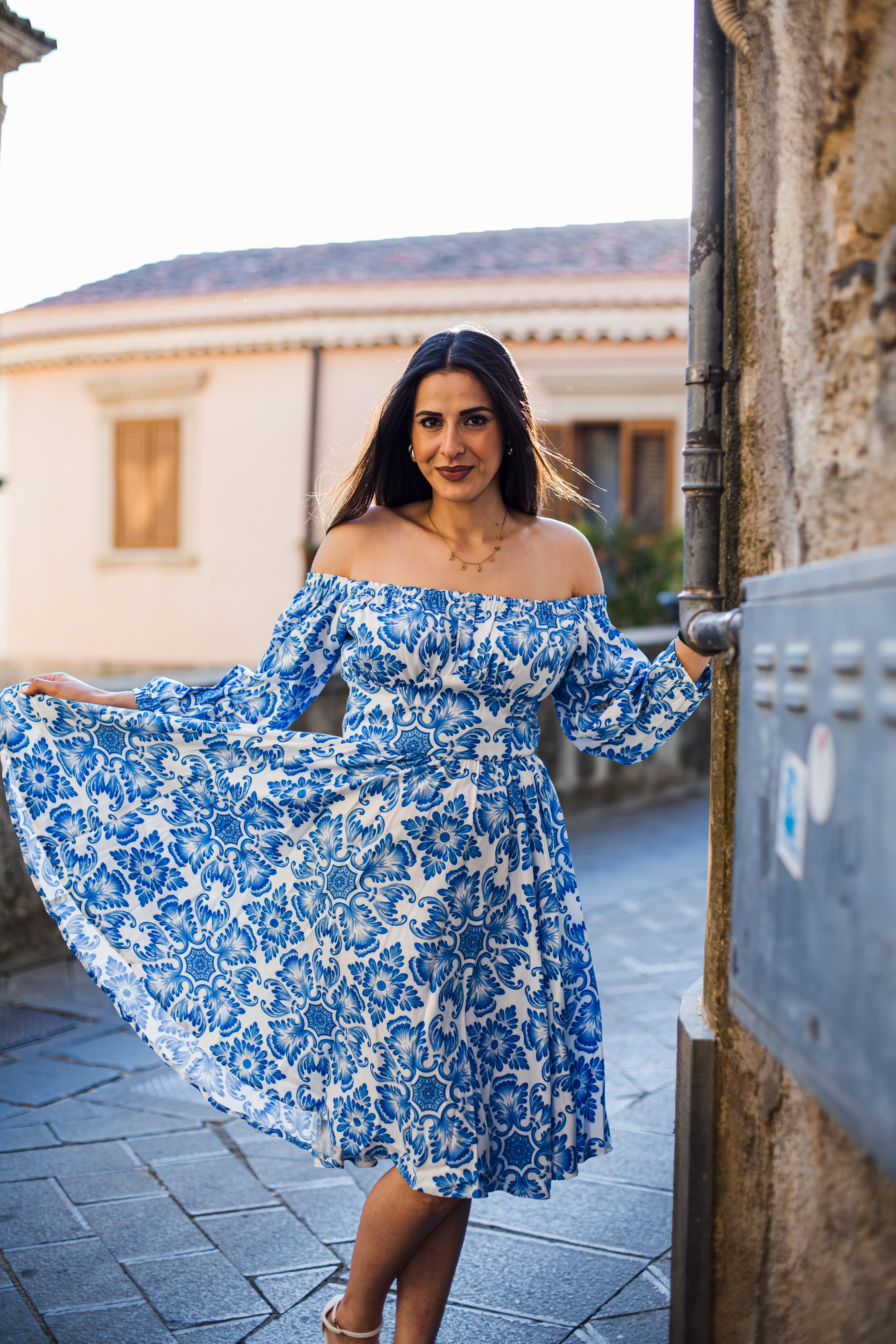 Marie-Therese Peasant Dress in Blue Noto Tile-Tactilefable