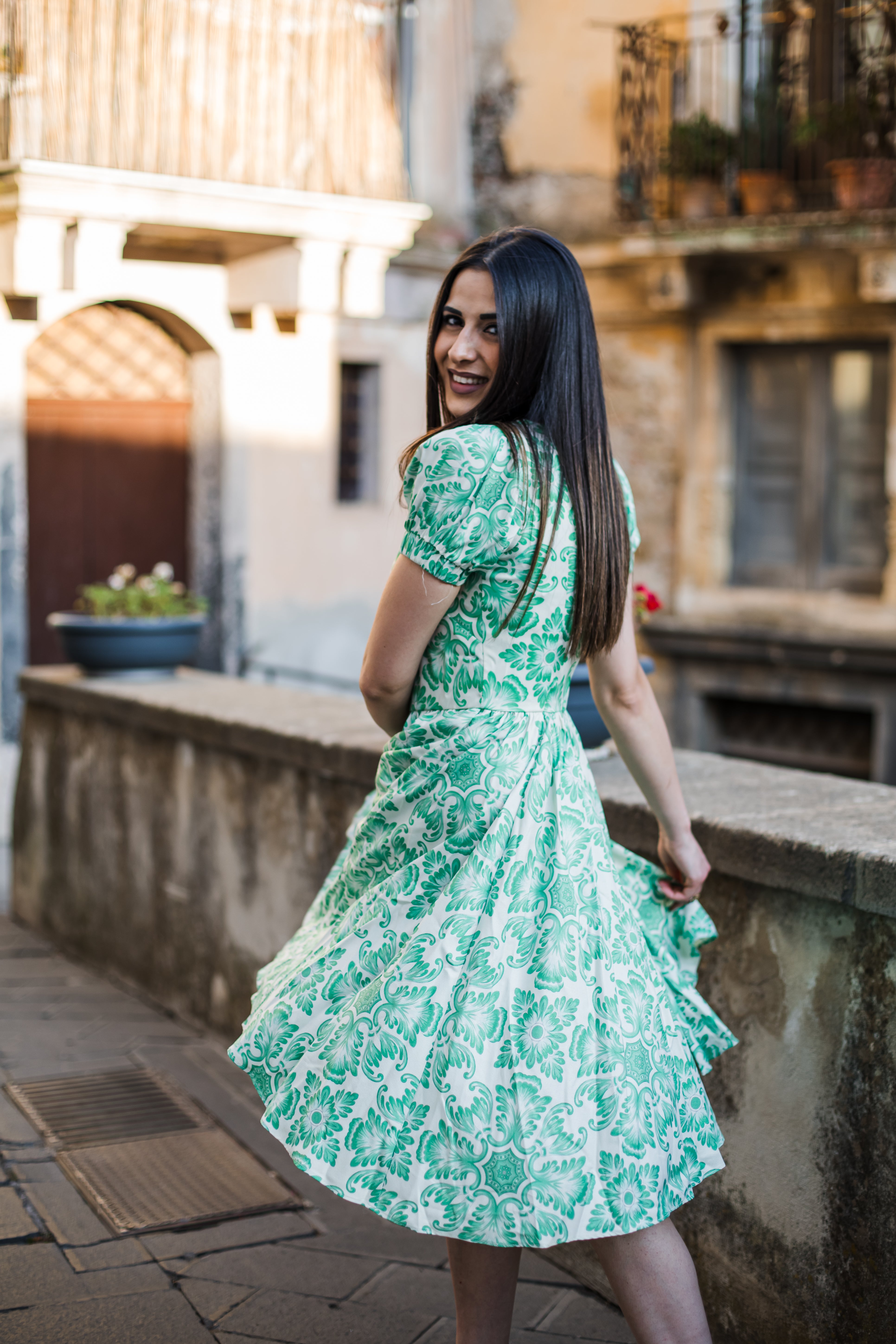 Amara Swing Dress in Green Noto Tile-Tactilefable