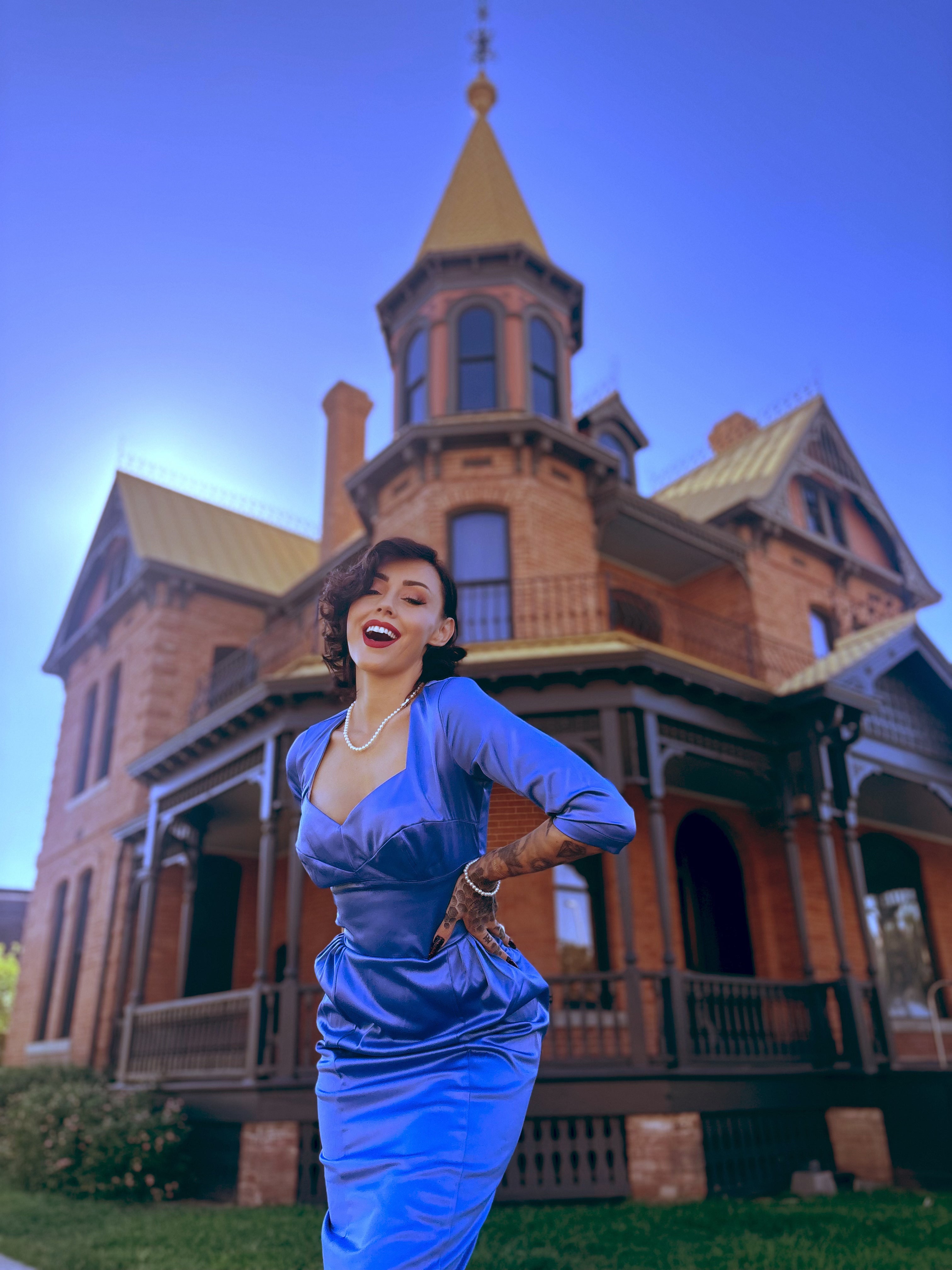 Mona Vintage Vamp Wiggle Dress in Sky Blue Satin | Pinup Couture-Tactilefable