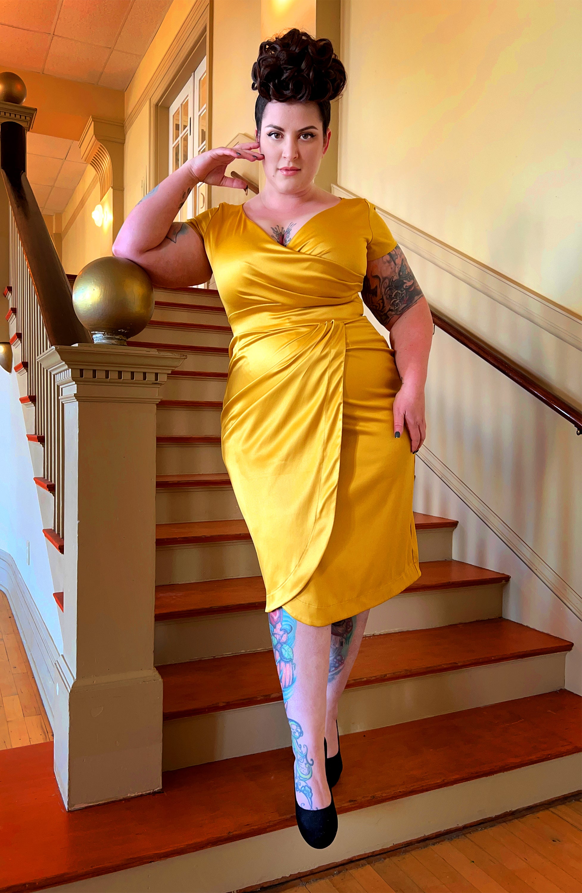 Ava Faux Wrap Wiggle Dress in Golden Mustard Satin | Pinup Couture-Tactilefable