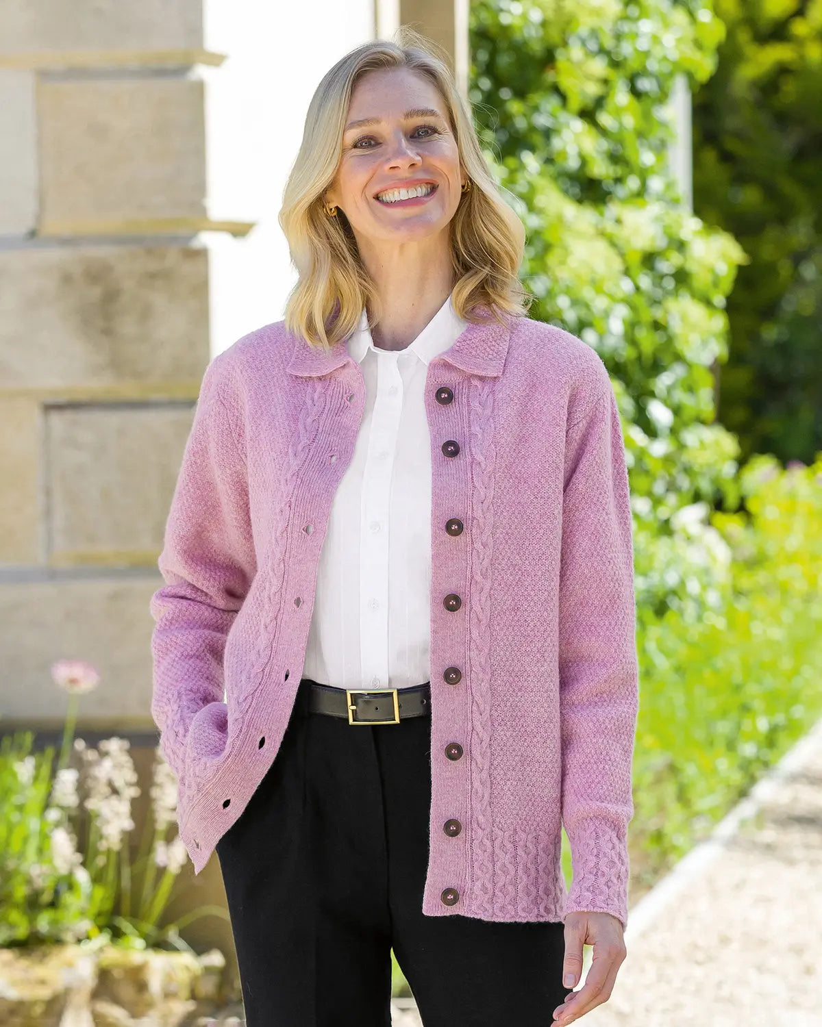 Ladies’ Pure Shetland Wool Cable Cardigan – Rosebud-Tactilefable