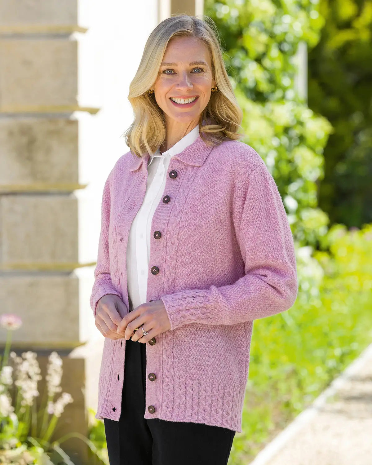 Ladies’ Pure Shetland Wool Cable Cardigan – Rosebud-Tactilefable